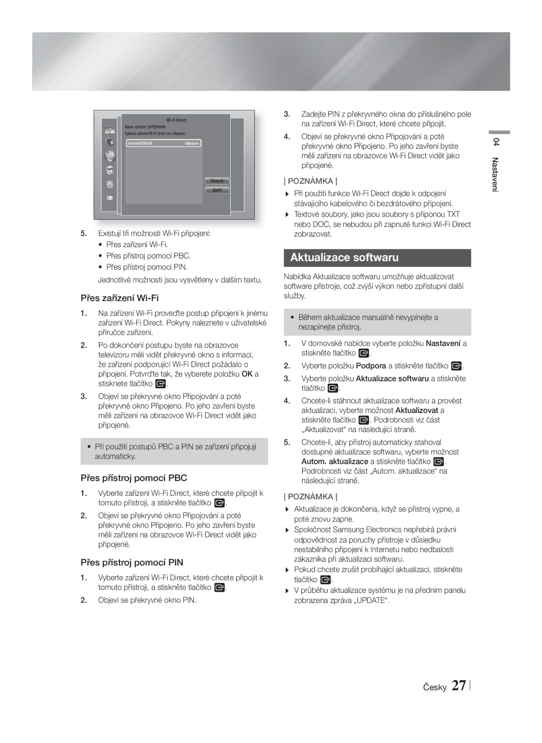 Samsung HT-F5500/EN manual Aktualizace softwaru, Přes zařízení Wi-Fi, Přes přístroj pomocí PBC, Přes přístroj pomocí PIN 