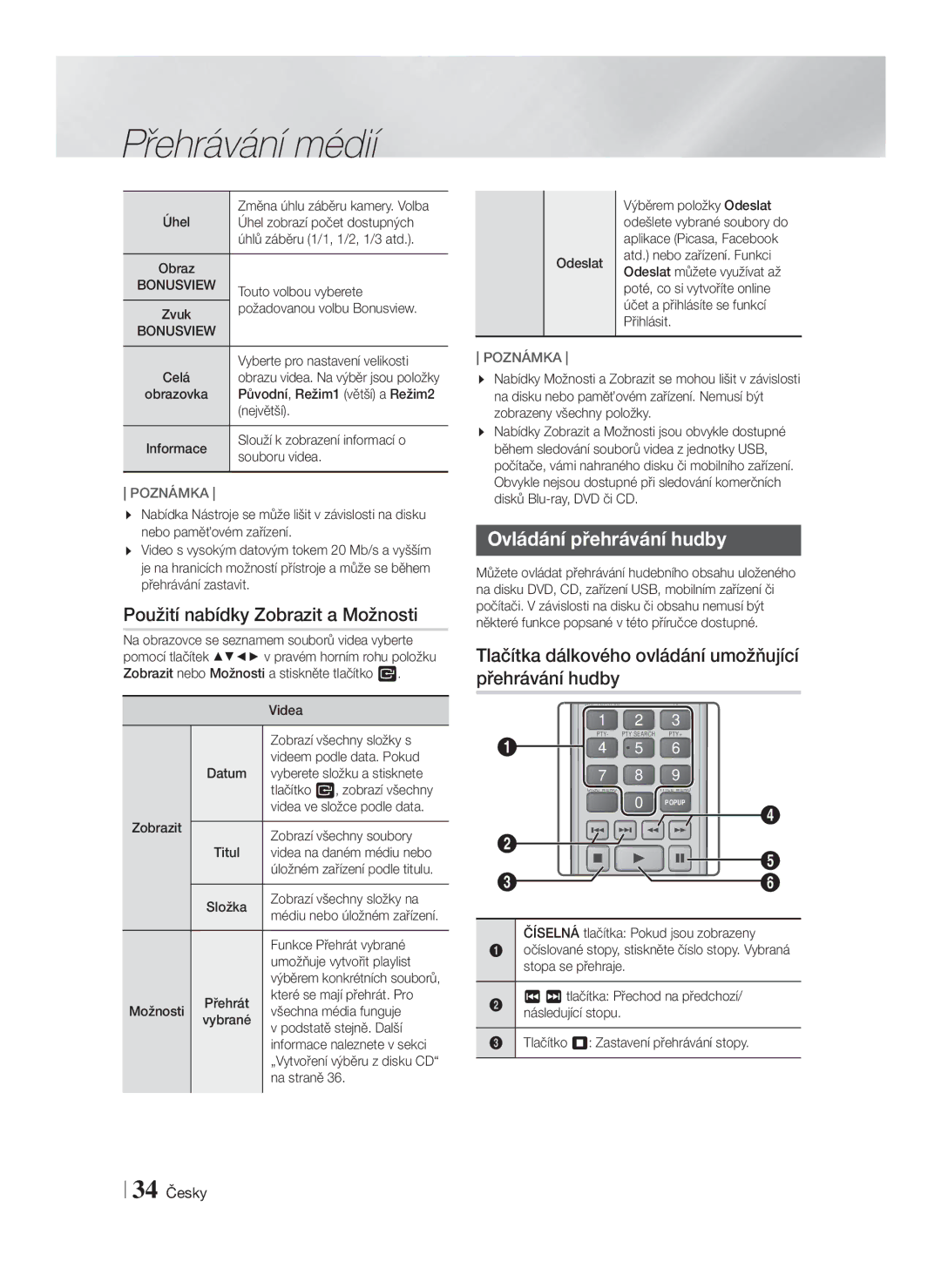 Samsung HT-F5530/EN, HT-F5500/EN, HT-F5550/EN manual Použití nabídky Zobrazit a Možnosti, Ovládání přehrávání hudby 