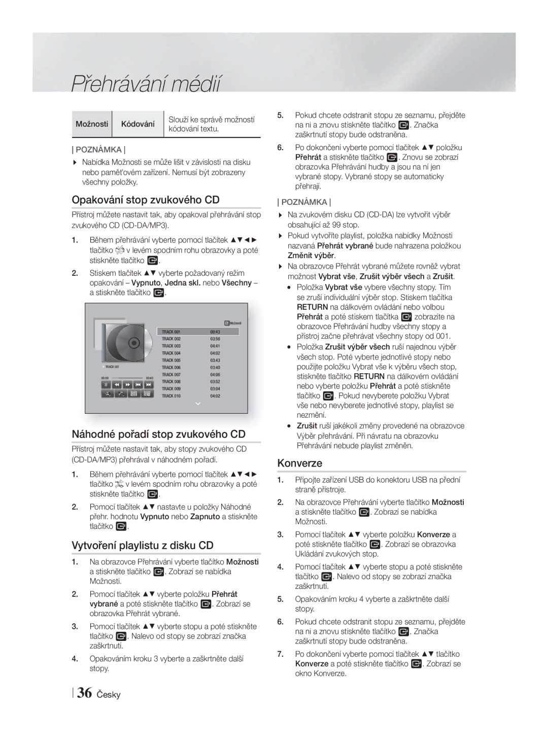 Samsung HT-F5500/EN manual Opakování stop zvukového CD, Náhodné pořadí stop zvukového CD, Vytvoření playlistu z disku CD 