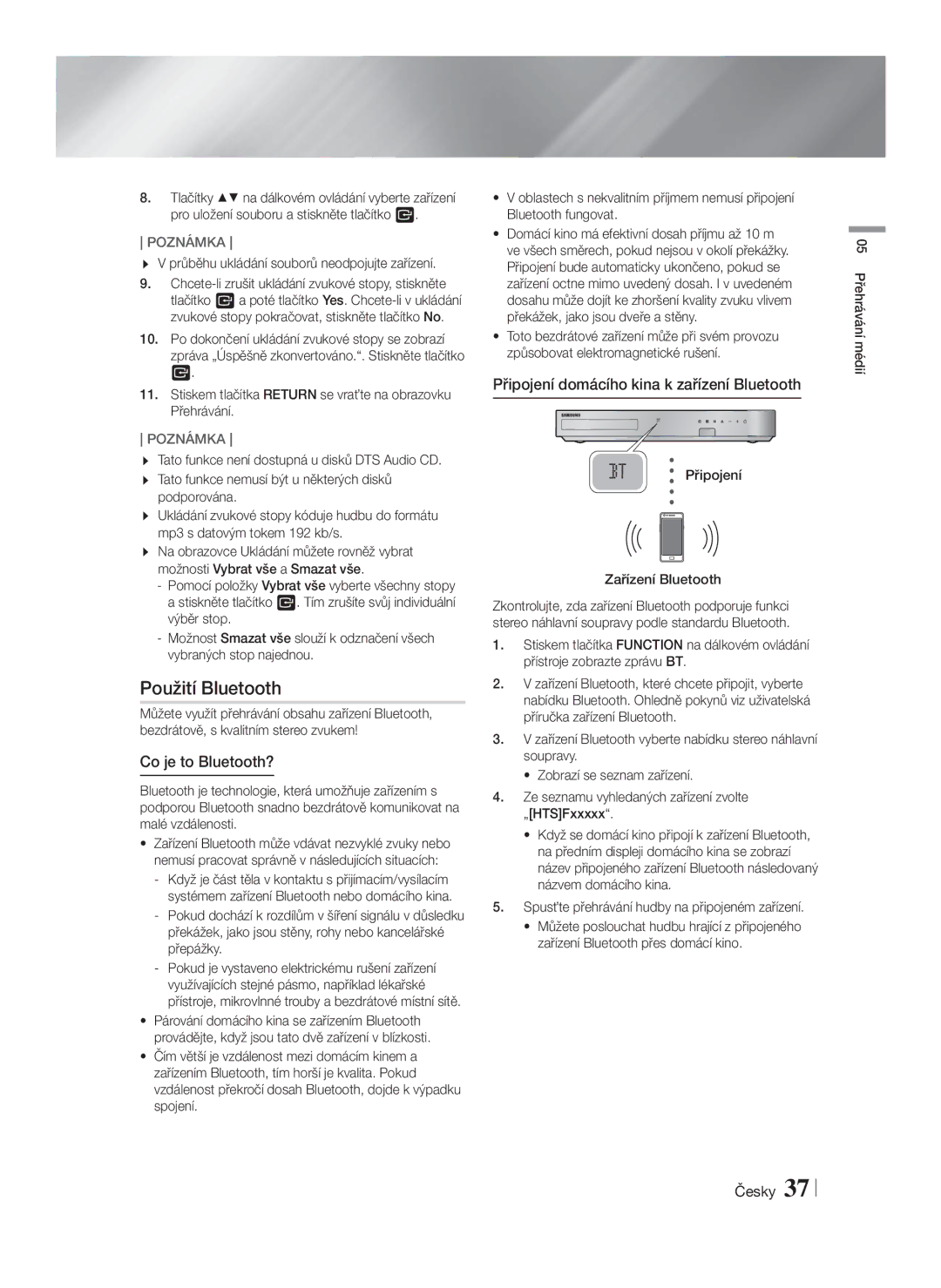 Samsung HT-F5530/EN, HT-F5500/EN manual Použití Bluetooth, Co je to Bluetooth?, Připojení domácího kina k zařízení Bluetooth 