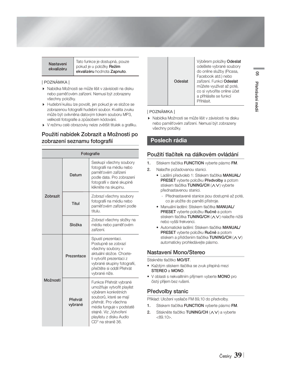 Samsung HT-F5500/EN manual Poslech rádia, Použití tlačítek na dálkovém ovládání, Nastavení Mono/Stereo, Předvolby stanic 