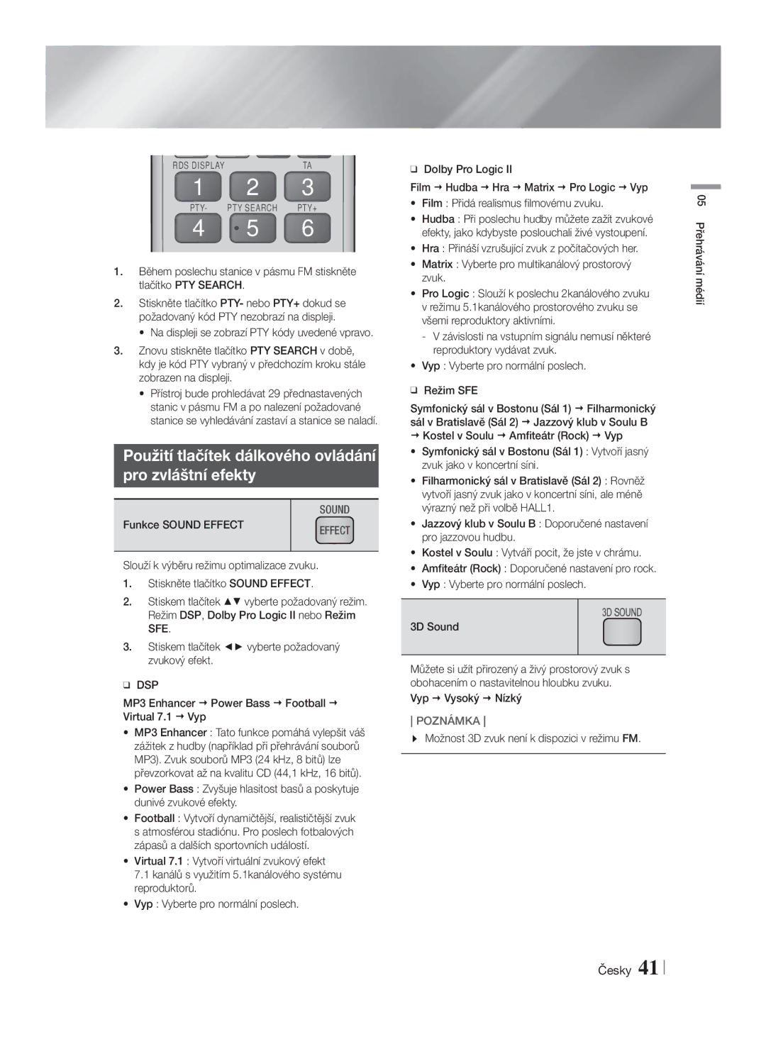 Samsung HT-F5550/EN, HT-F5500/EN manual Použití tlačítek dálkového ovládání Pro zvláštní efekty, Funkce Sound Effect, Sfe 