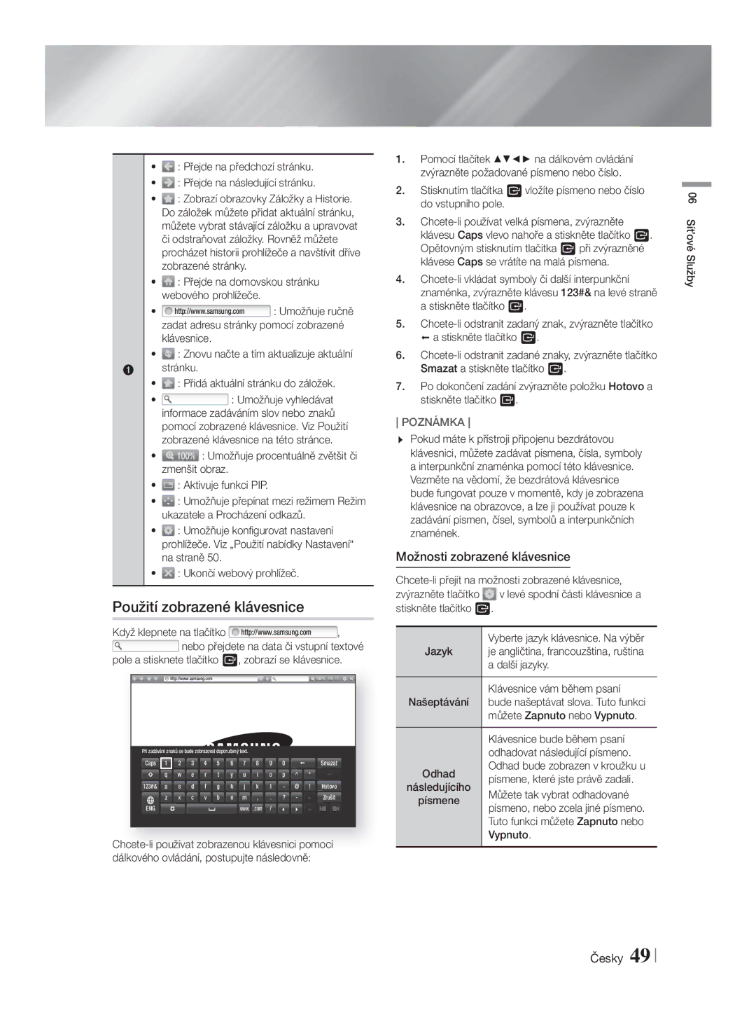 Samsung HT-F5530/EN, HT-F5500/EN, HT-F5550/EN manual Použití zobrazené klávesnice, Možnosti zobrazené klávesnice 