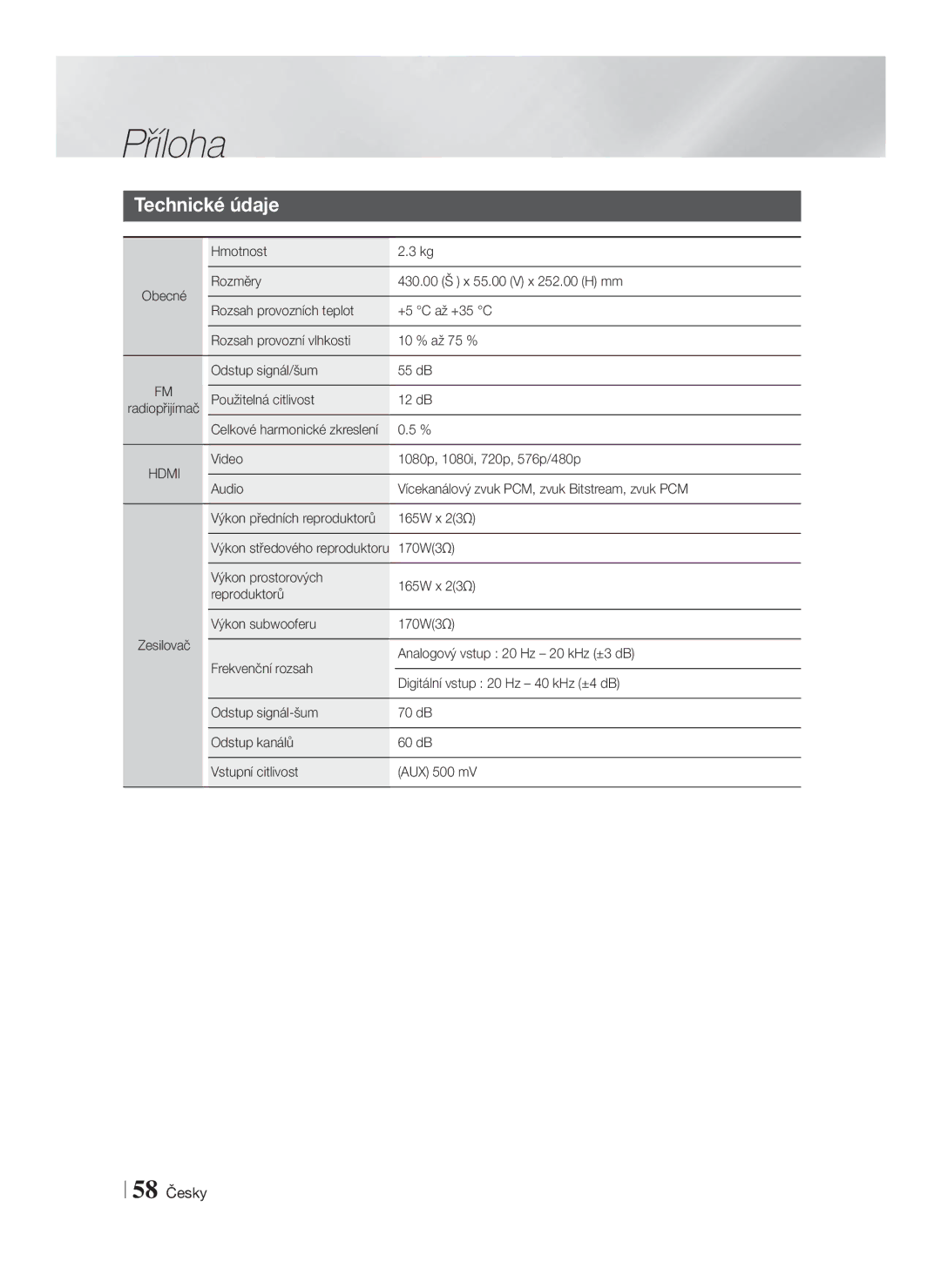 Samsung HT-F5530/EN, HT-F5500/EN, HT-F5550/EN manual Hmotnost, Výkon prostorových 165W x Reproduktorů 