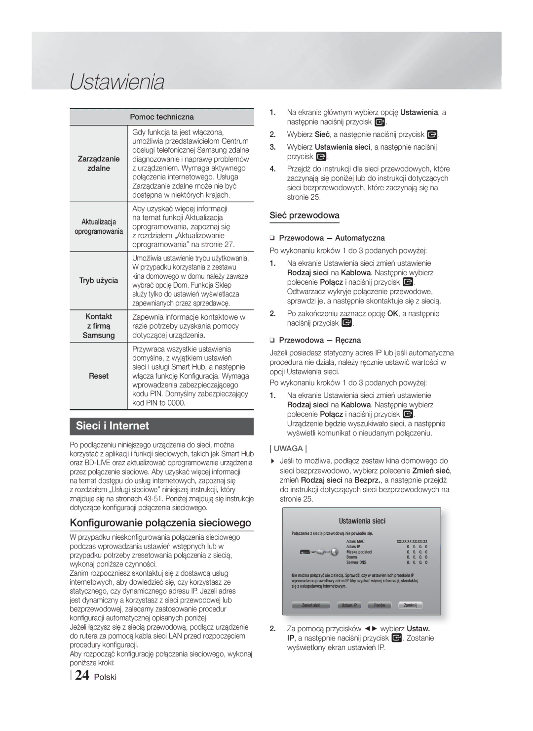 Samsung HT-F5500/EN, HT-F5530/EN, HT-F5550/EN manual Sieci i Internet, Konfigurowanie połączenia sieciowego, Sieć przewodowa 