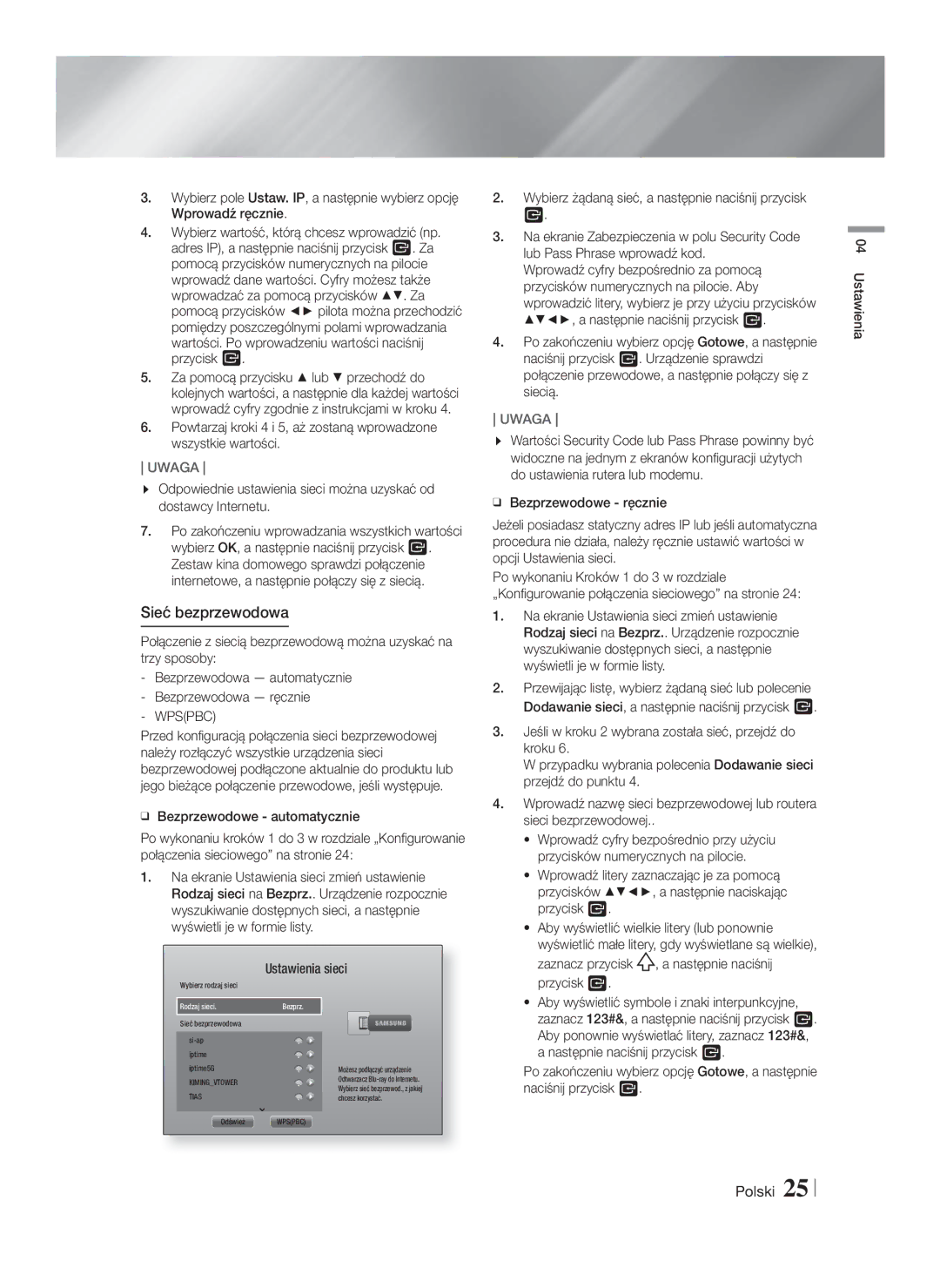 Samsung HT-F5530/EN, HT-F5500/EN, HT-F5550/EN manual Sieć bezprzewodowa, Wpspbc, Bezprzewodowe automatycznie 