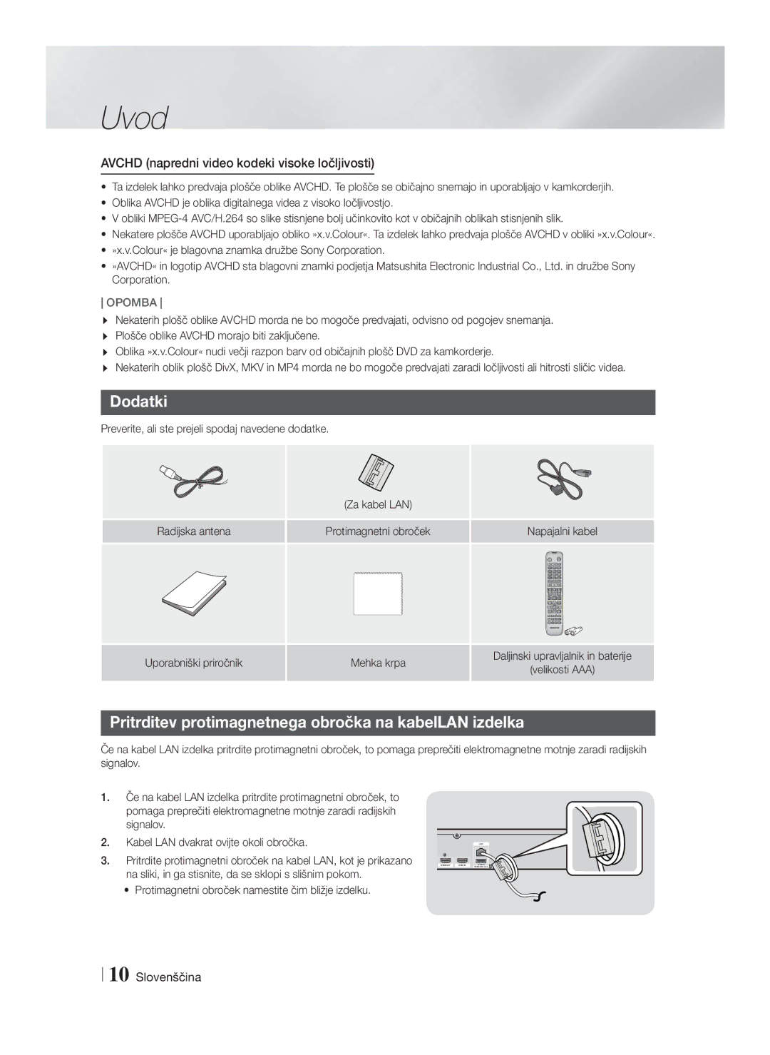 Samsung HT-F5530/EN, HT-F5500/EN, HT-F5550/EN manual Dodatki, Pritrditev protimagnetnega obročka na kabelLAN izdelka 