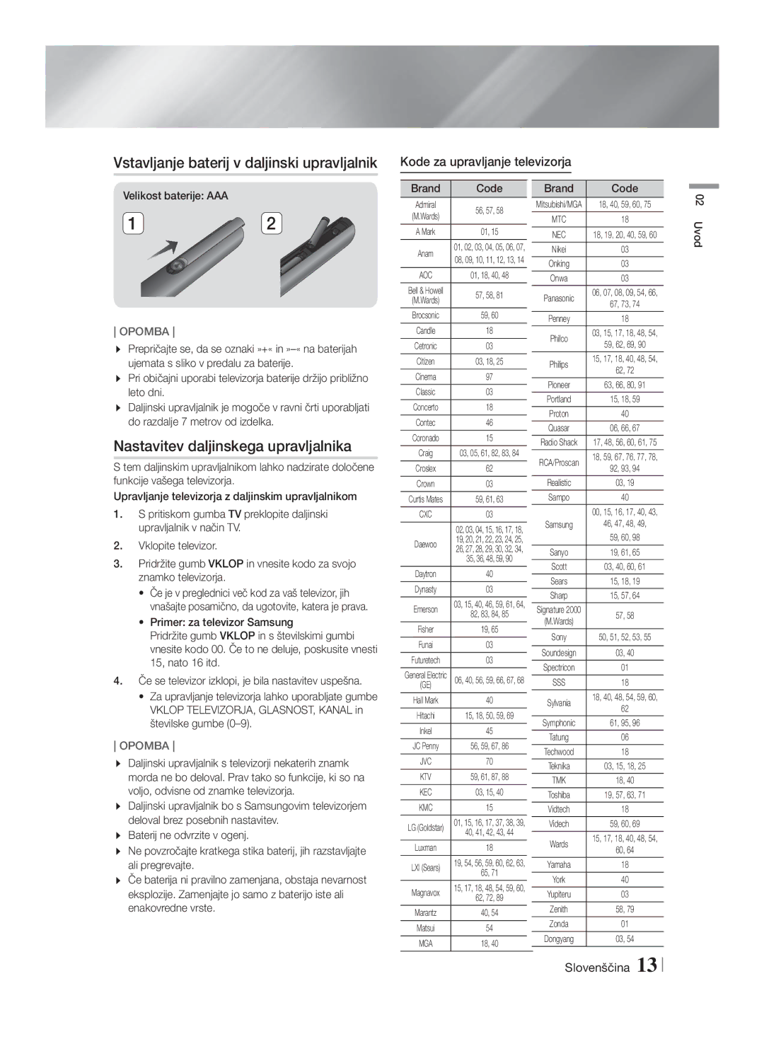 Samsung HT-F5530/EN, HT-F5500/EN manual Vstavljanje baterij v daljinski upravljalnik, Nastavitev daljinskega upravljalnika 