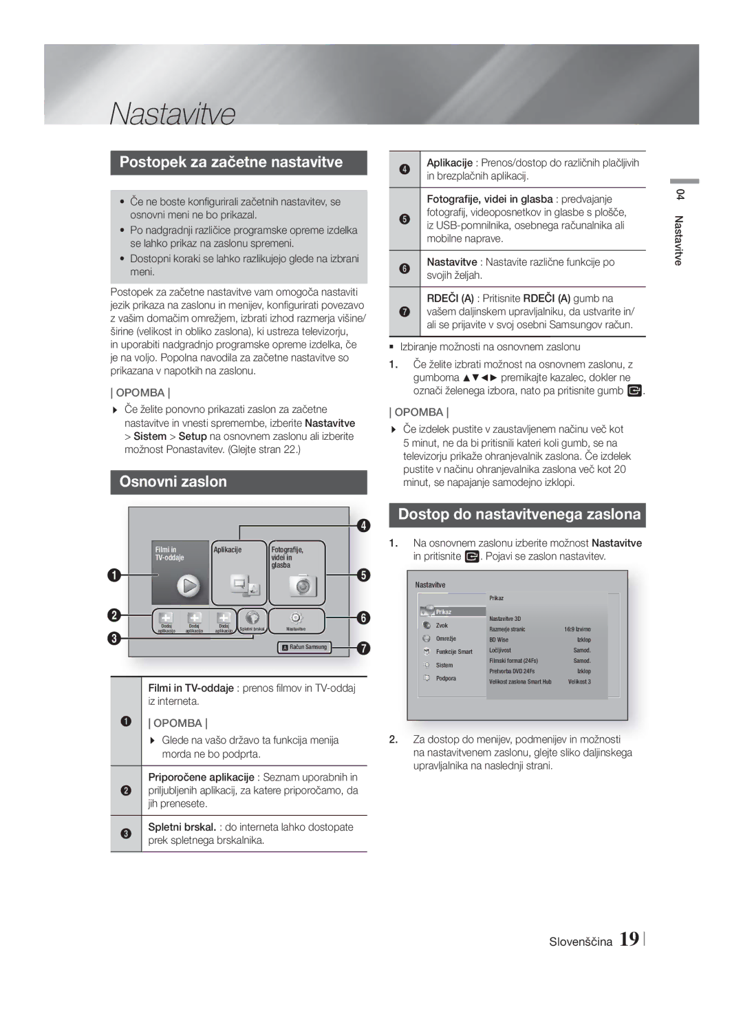 Samsung HT-F5530/EN manual Nastavitve, Postopek za začetne nastavitve, Osnovni zaslon, Dostop do nastavitvenega zaslona 