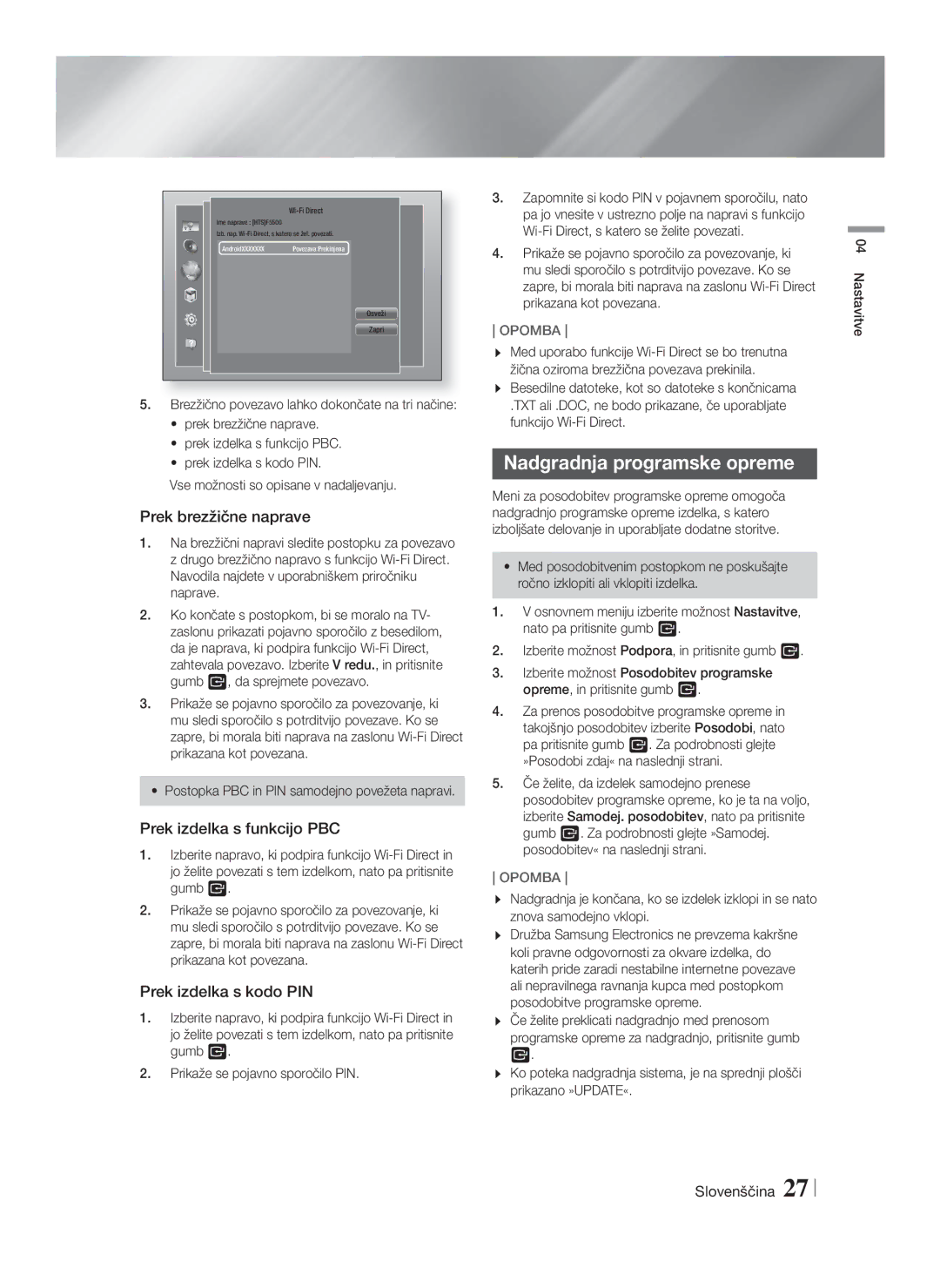 Samsung HT-F5500/EN, HT-F5530/EN manual Nadgradnja programske opreme, Prek brezžične naprave, Prek izdelka s funkcijo PBC 