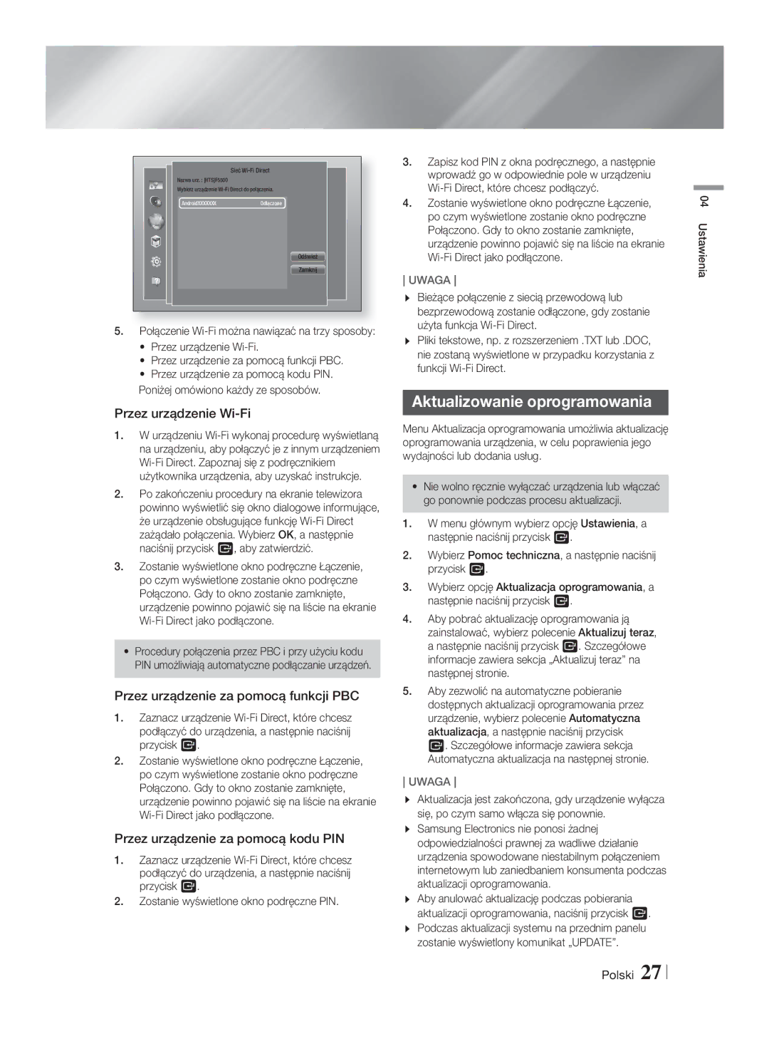 Samsung HT-F5500/EN manual Aktualizowanie oprogramowania, Przez urządzenie Wi-Fi, Przez urządzenie za pomocą funkcji PBC 