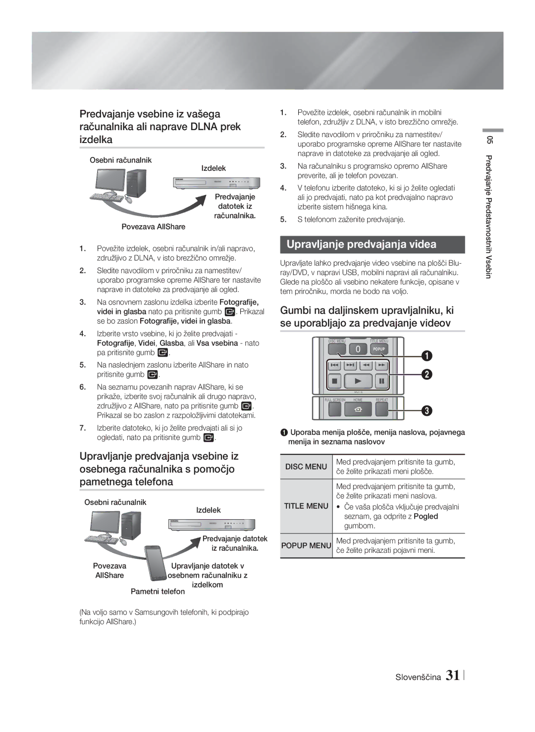 Samsung HT-F5530/EN, HT-F5500/EN, HT-F5550/EN manual Upravljanje predvajanja videa 