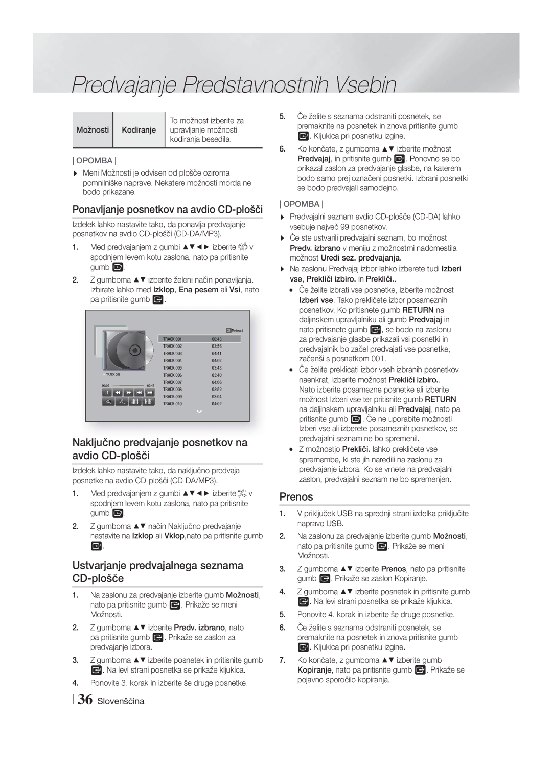 Samsung HT-F5500/EN Ponavljanje posnetkov na avdio CD-plošči, Naključno predvajanje posnetkov na avdio CD-plošči, Prenos 