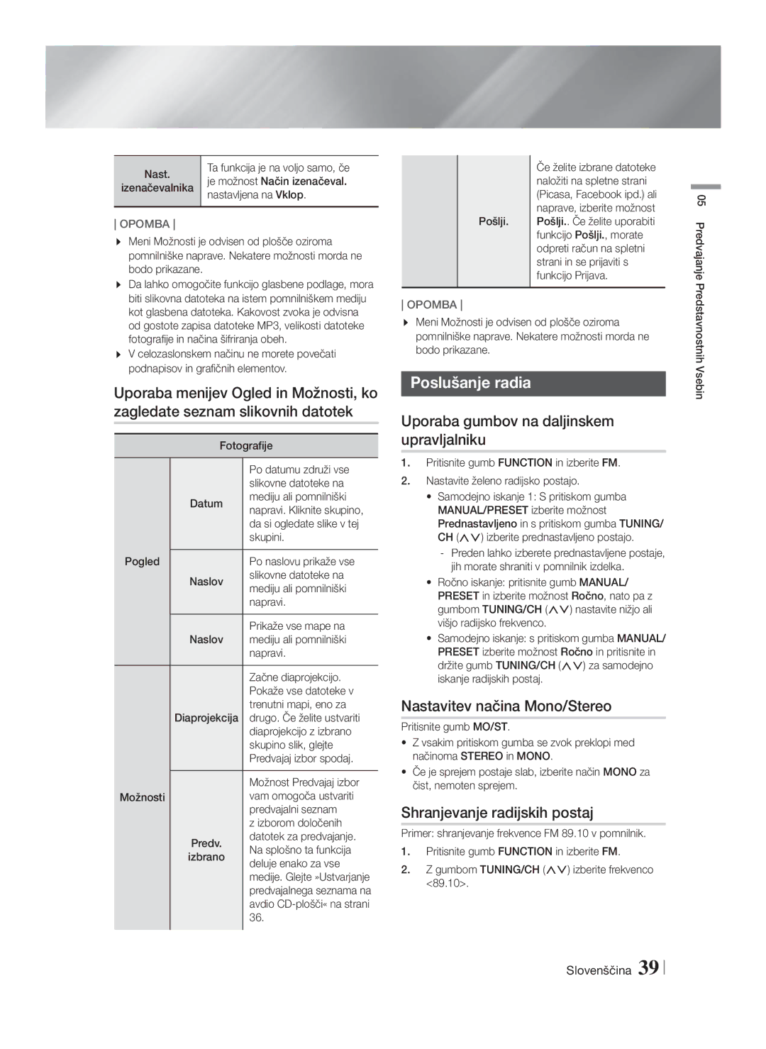 Samsung HT-F5500/EN manual Poslušanje radia, Uporaba gumbov na daljinskem upravljalniku, Nastavitev načina Mono/Stereo 