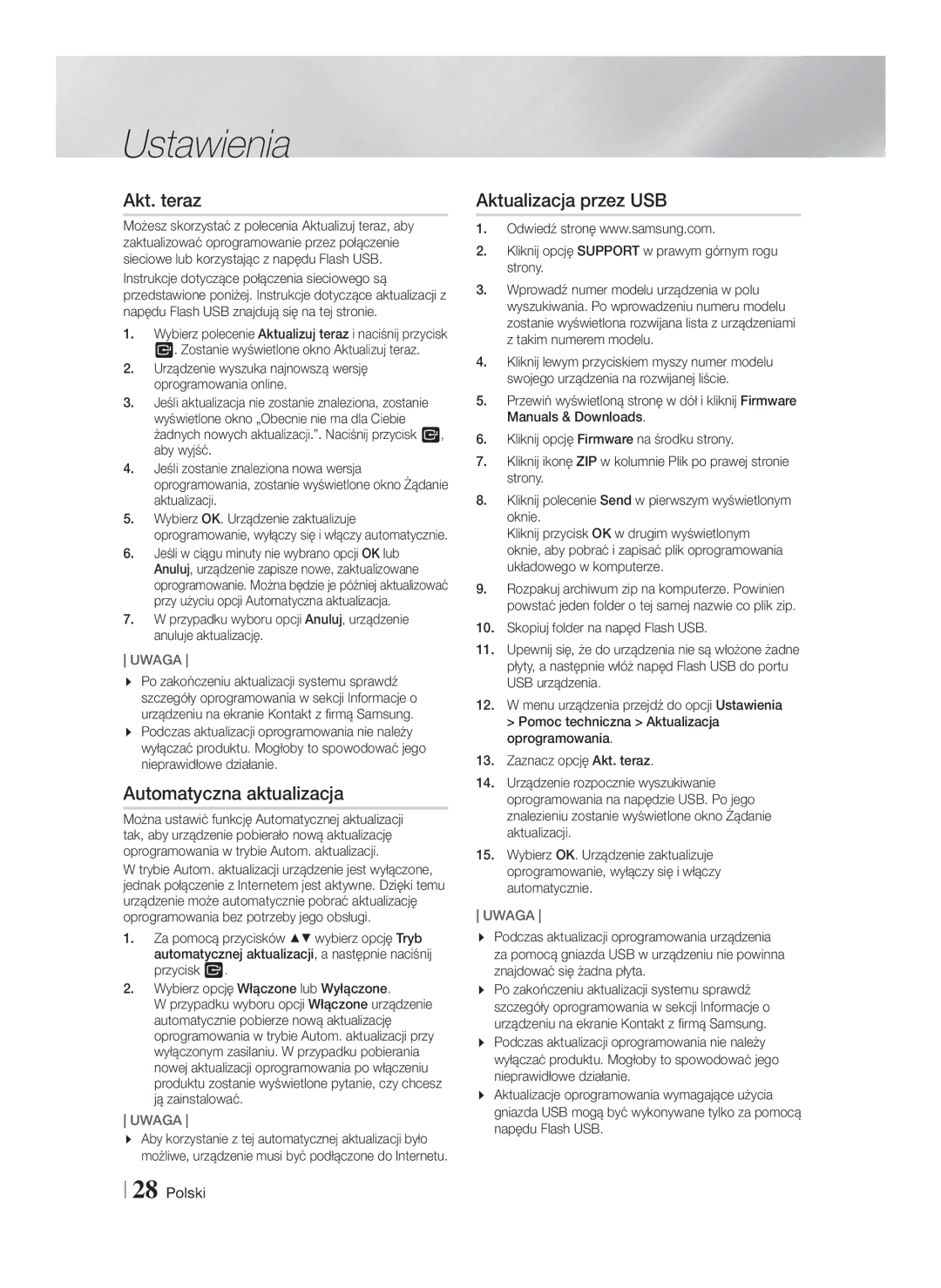 Samsung HT-F5530/EN, HT-F5500/EN, HT-F5550/EN manual Akt. teraz, Automatyczna aktualizacja, Aktualizacja przez USB 