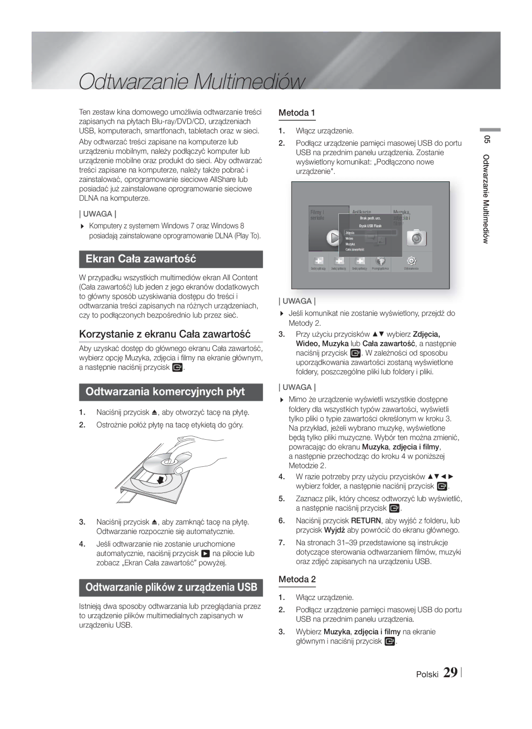 Samsung HT-F5550/EN manual Odtwarzanie Multimediów, Ekran Cała zawartość, Korzystanie z ekranu Cała zawartość, Metoda 