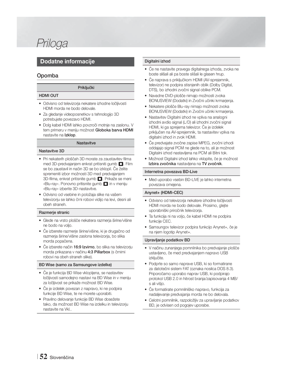 Samsung HT-F5530/EN, HT-F5500/EN, HT-F5550/EN manual Priloga, Dodatne informacije, Opomba 