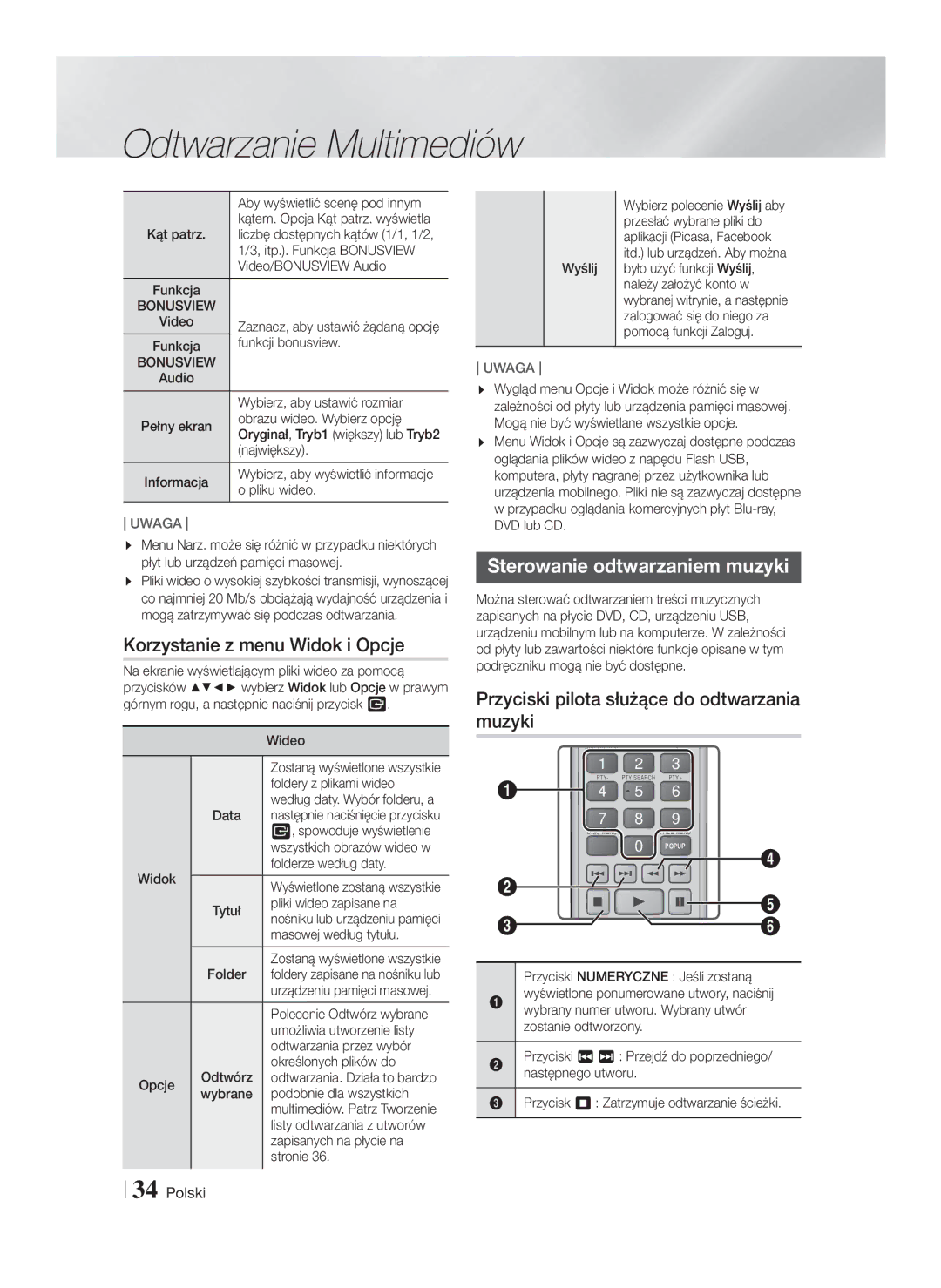 Samsung HT-F5530/EN, HT-F5500/EN, HT-F5550/EN manual Korzystanie z menu Widok i Opcje, Sterowanie odtwarzaniem muzyki 