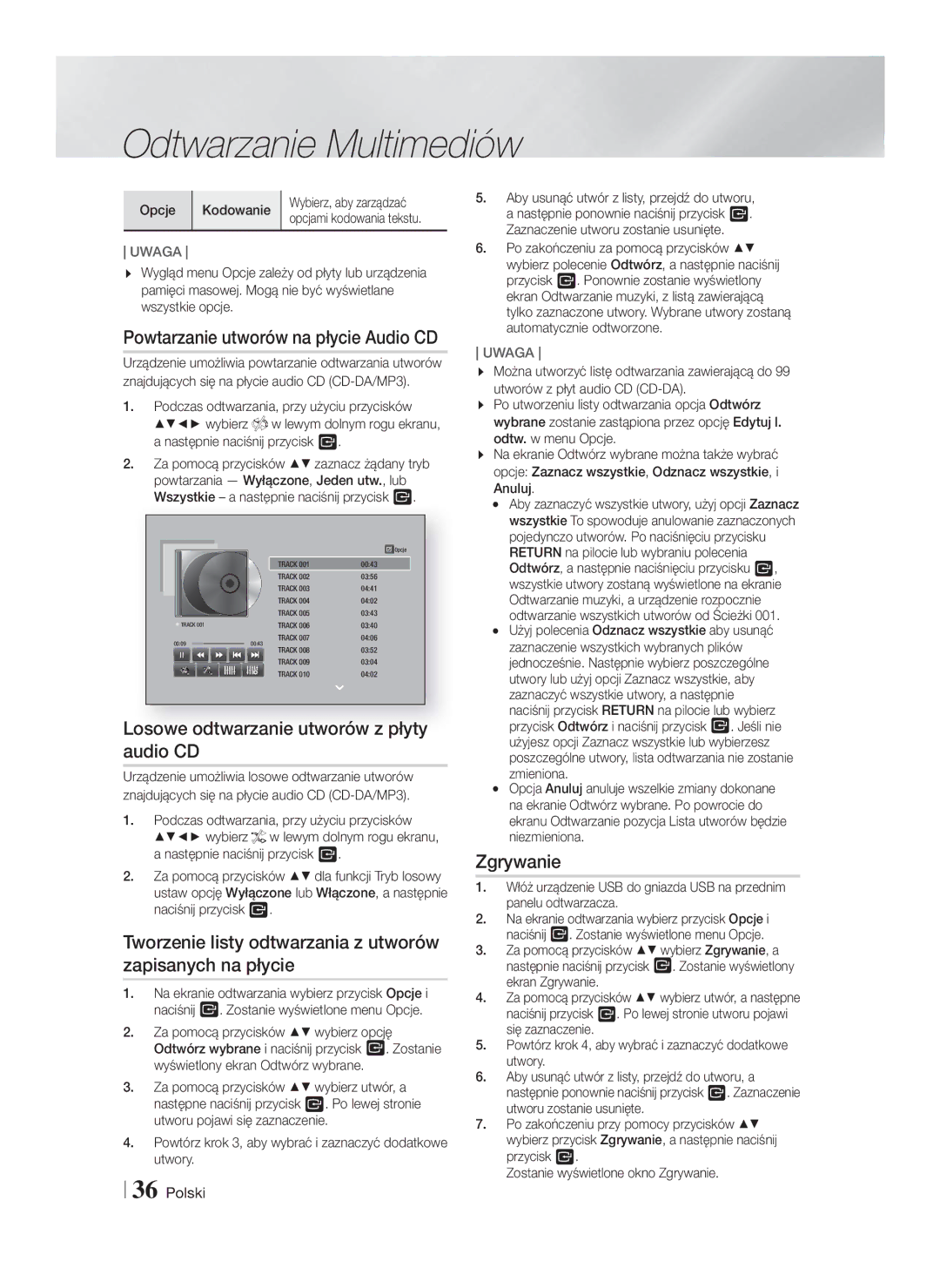 Samsung HT-F5500/EN manual Powtarzanie utworów na płycie Audio CD, Losowe odtwarzanie utworów z płyty audio CD, Zgrywanie 