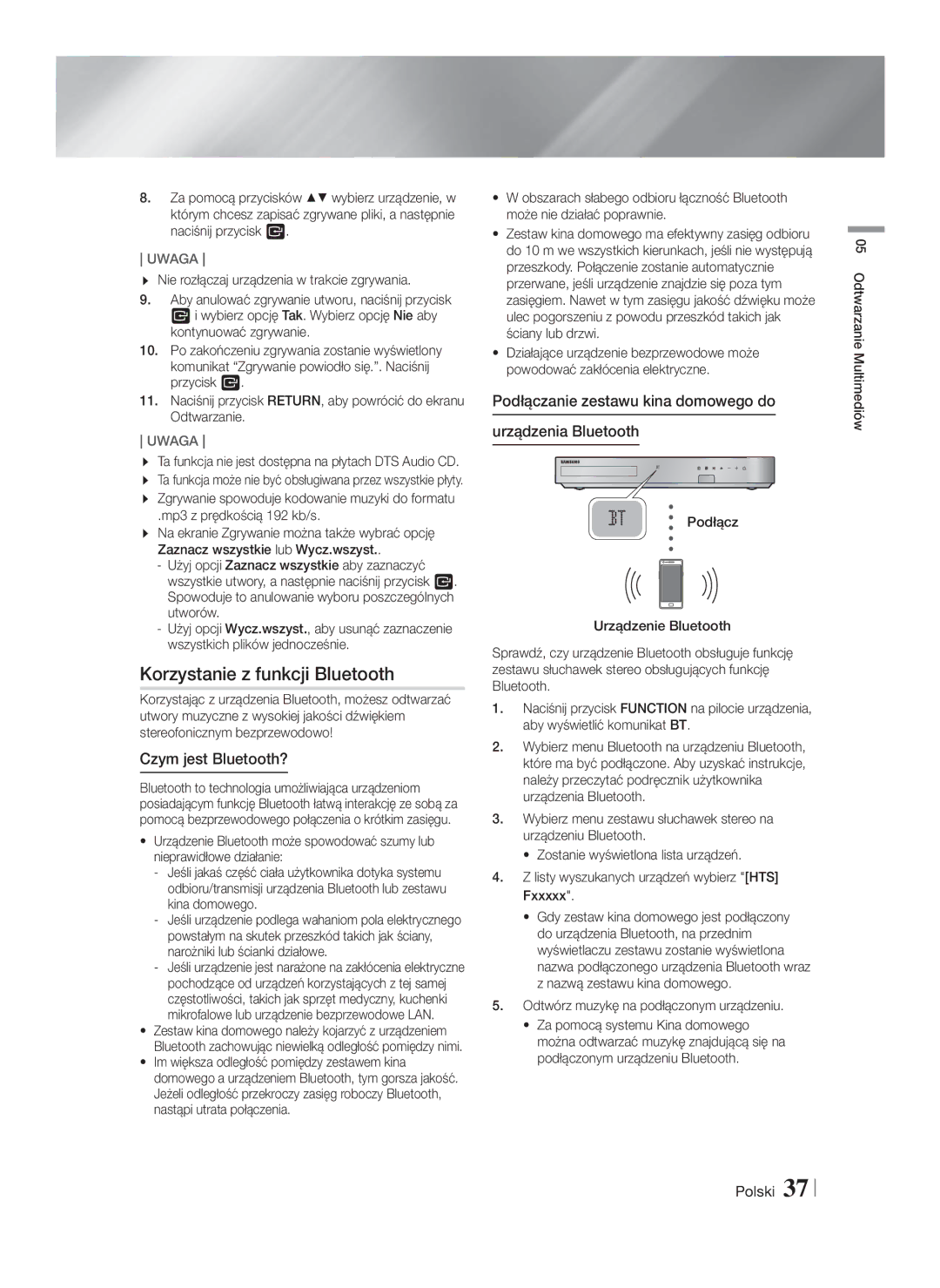 Samsung HT-F5530/EN, HT-F5500/EN, HT-F5550/EN manual Korzystanie z funkcji Bluetooth, Czym jest Bluetooth? 