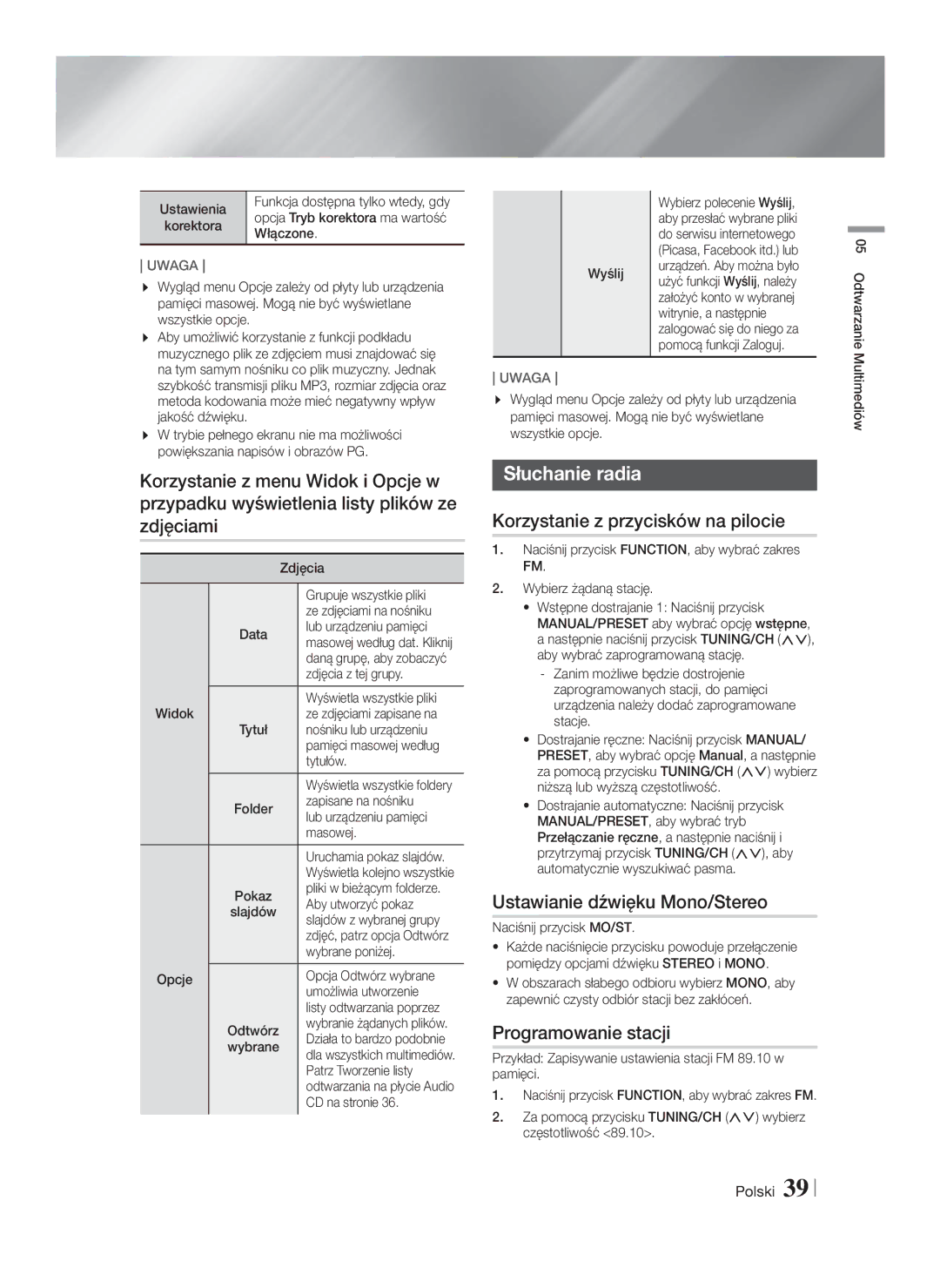 Samsung HT-F5500/EN, HT-F5530/EN manual Słuchanie radia, Korzystanie z przycisków na pilocie, Ustawianie dźwięku Mono/Stereo 