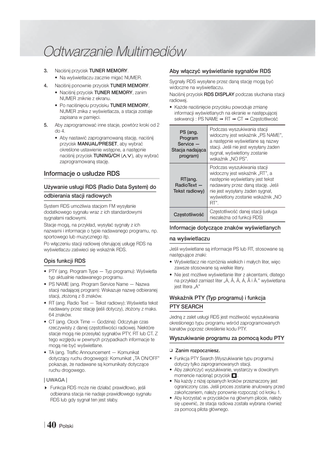 Samsung HT-F5530/EN, HT-F5500/EN, HT-F5550/EN manual Informacje o usłudze RDS 