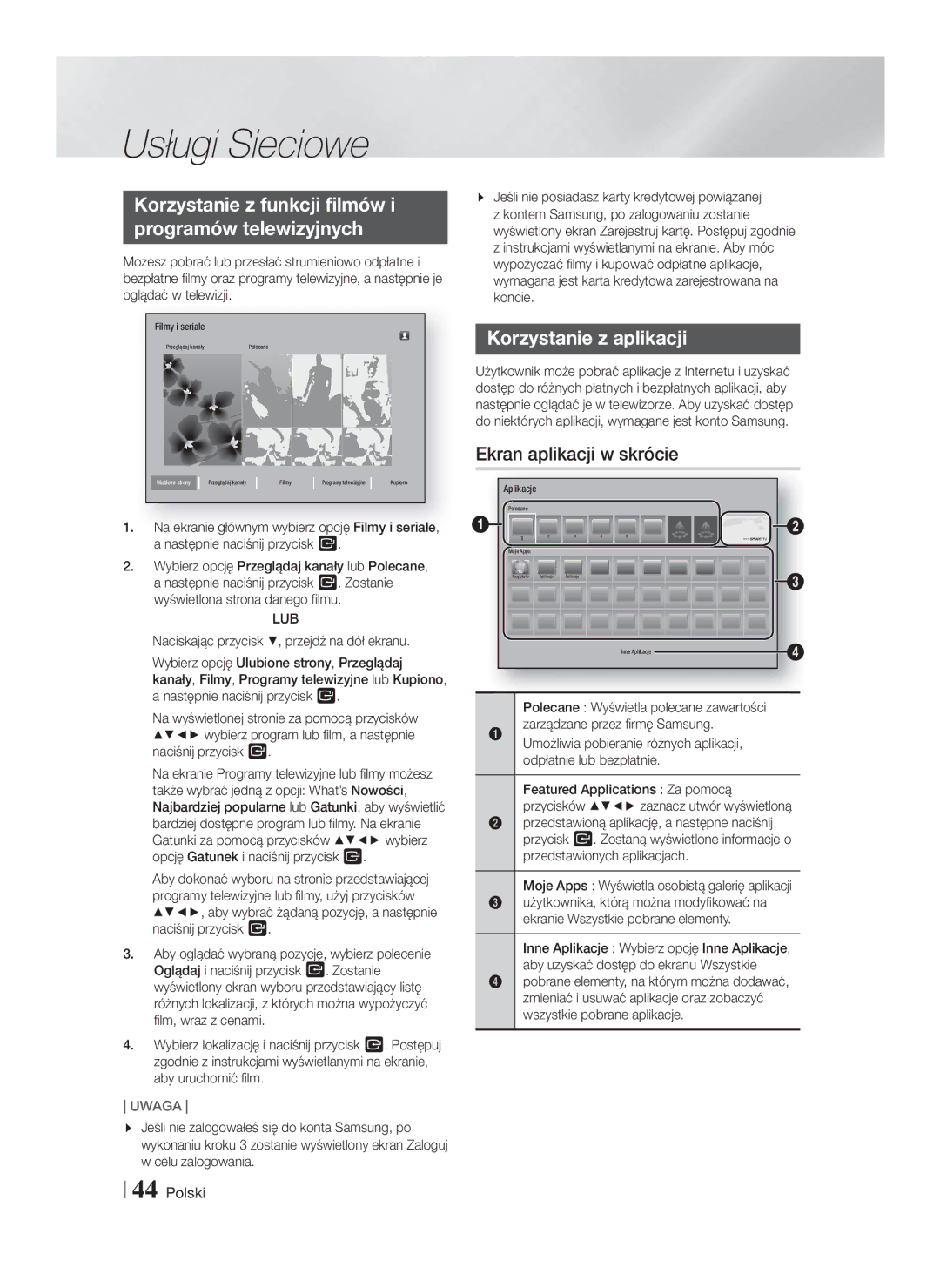 Samsung HT-F5550/EN, HT-F5500/EN manual Korzystanie z funkcji filmów Programów telewizyjnych, Korzystanie z aplikacji, Lub 