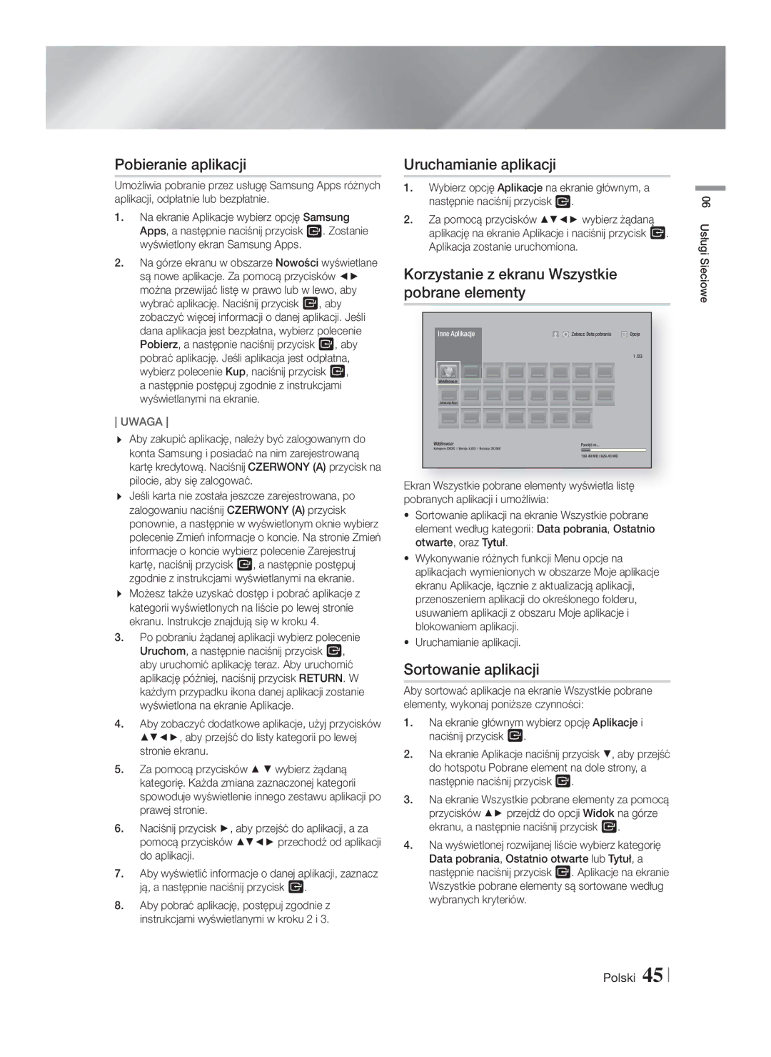 Samsung HT-F5500/EN manual Pobieranie aplikacji, Uruchamianie aplikacji, Korzystanie z ekranu Wszystkie pobrane elementy 