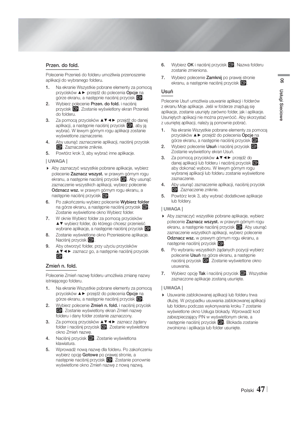 Samsung HT-F5550/EN, HT-F5500/EN, HT-F5530/EN manual Przen. do fold, Zmień n. fold, Usuń 