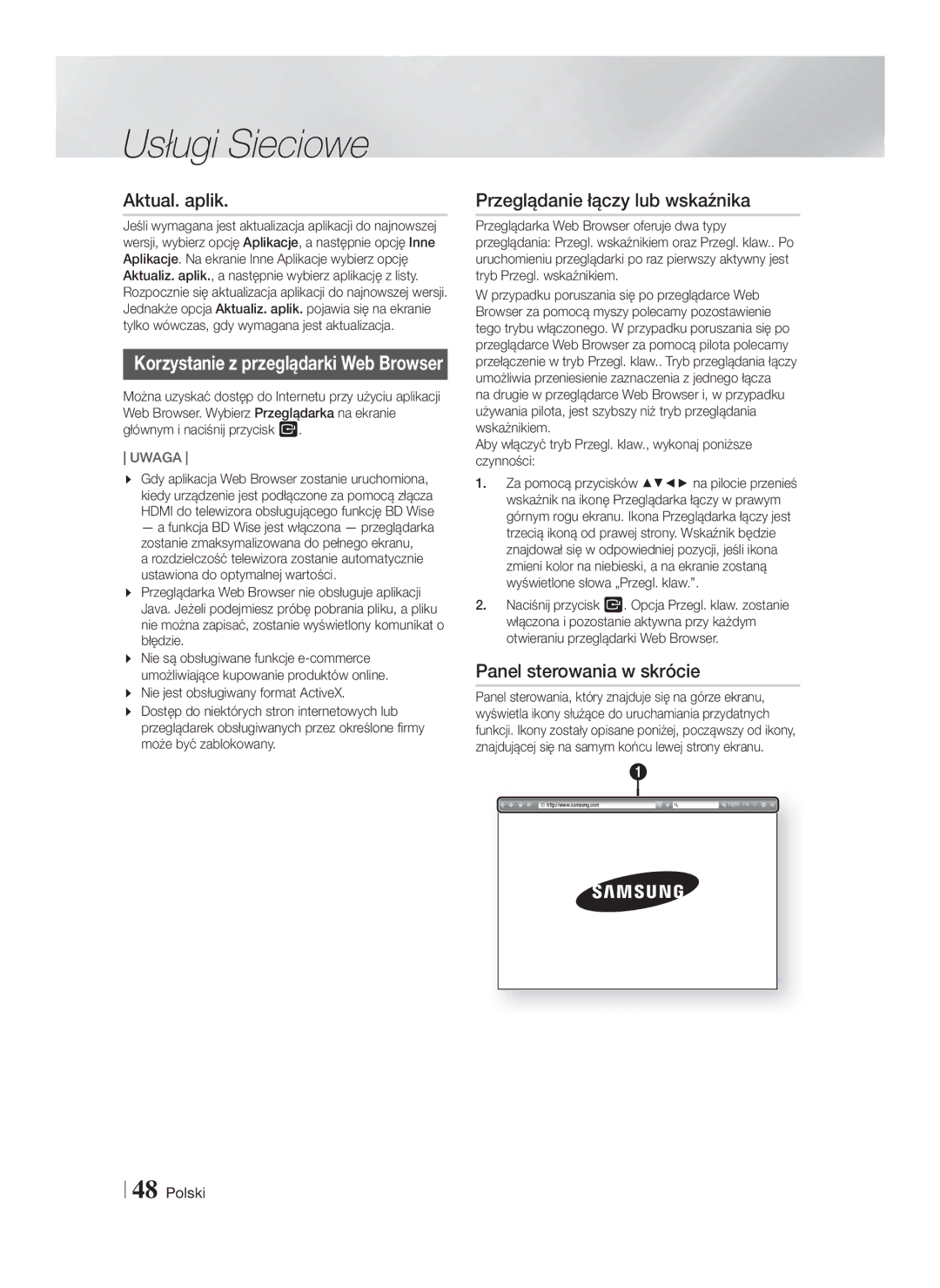 Samsung HT-F5500/EN, HT-F5530/EN, HT-F5550/EN Aktual. aplik, Przeglądanie łączy lub wskaźnika, Panel sterowania w skrócie 