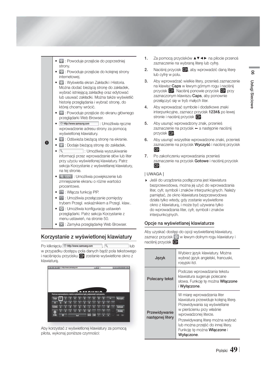 Samsung HT-F5530/EN, HT-F5500/EN, HT-F5550/EN manual Korzystanie z wyświetlonej klawiatury, Opcje na wyświetlanej klawiaturze 