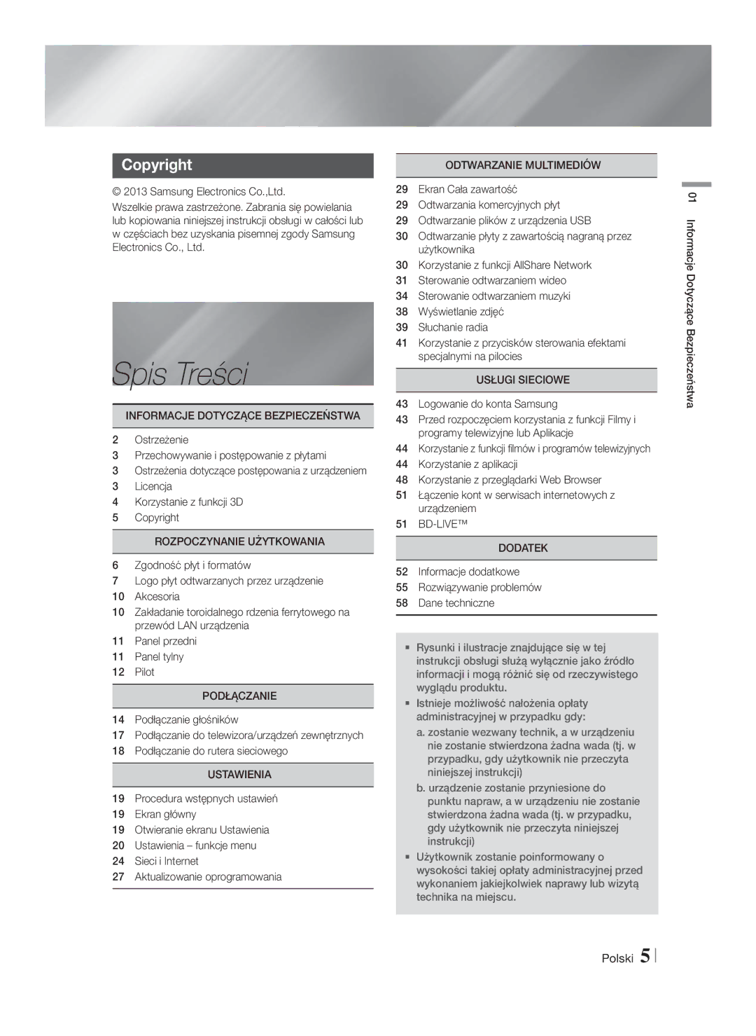 Samsung HT-F5550/EN, HT-F5500/EN, HT-F5530/EN manual Spis Treści, Copyright 