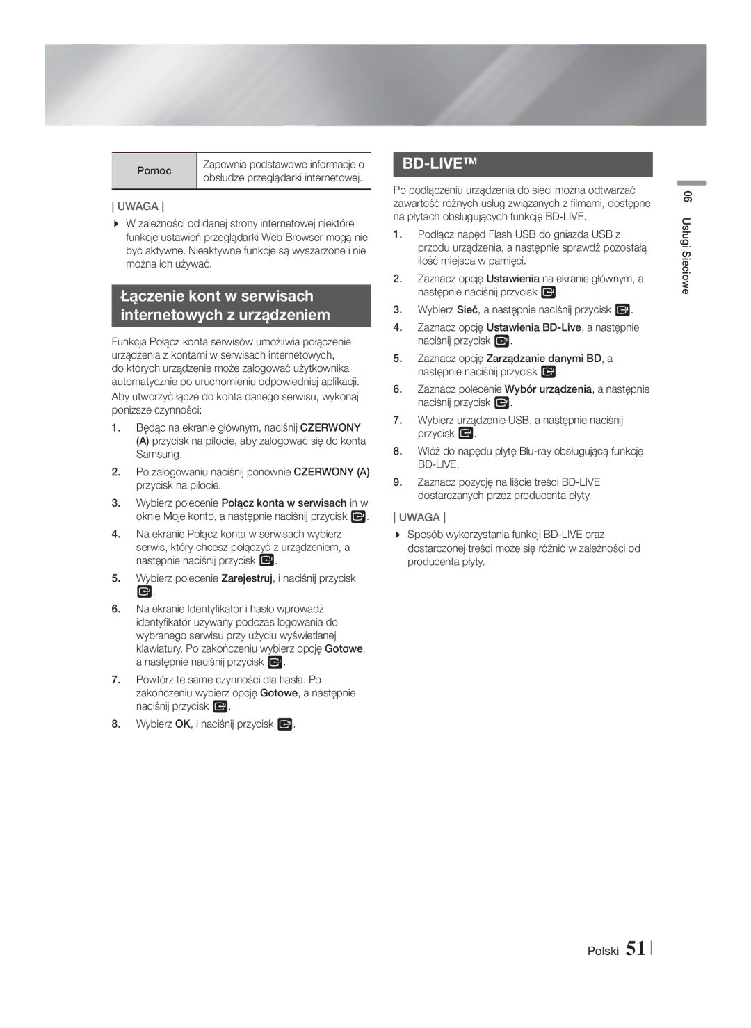 Samsung HT-F5500/EN, HT-F5530/EN, HT-F5550/EN manual Łączenie kont w serwisach Internetowych z urządzeniem, Pomoc 