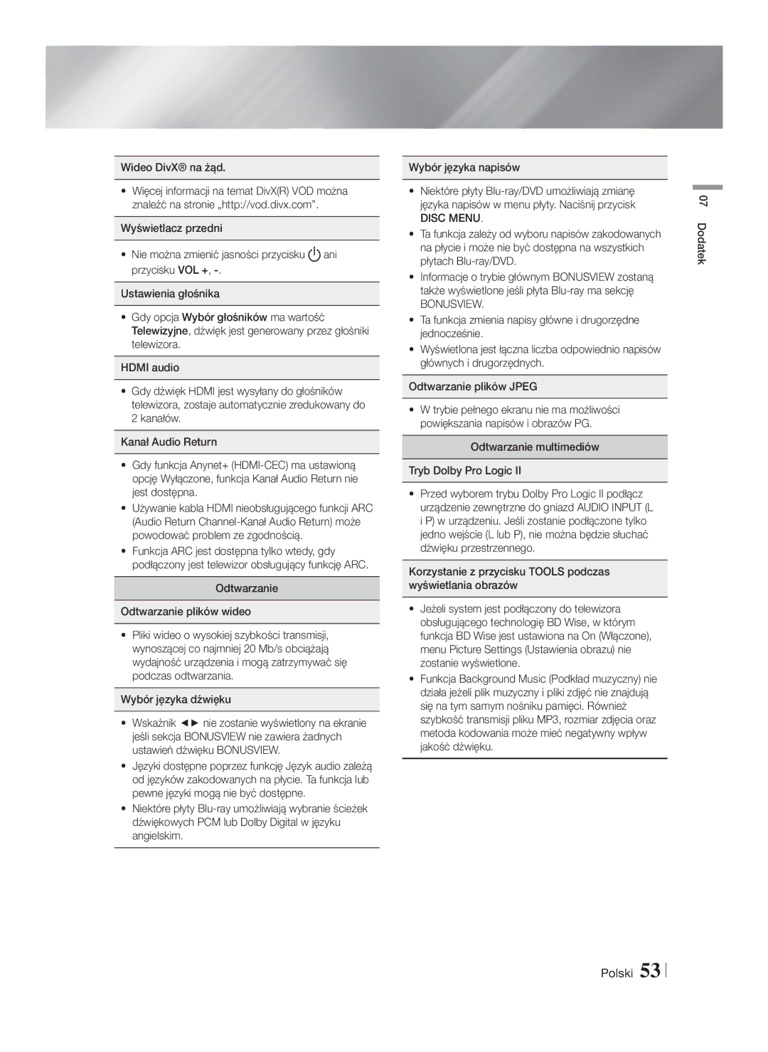 Samsung HT-F5550/EN, HT-F5500/EN Wideo DivX na żąd, Disc Menu, Bonusview, Odtwarzanie multimediów Tryb Dolby Pro Logic 