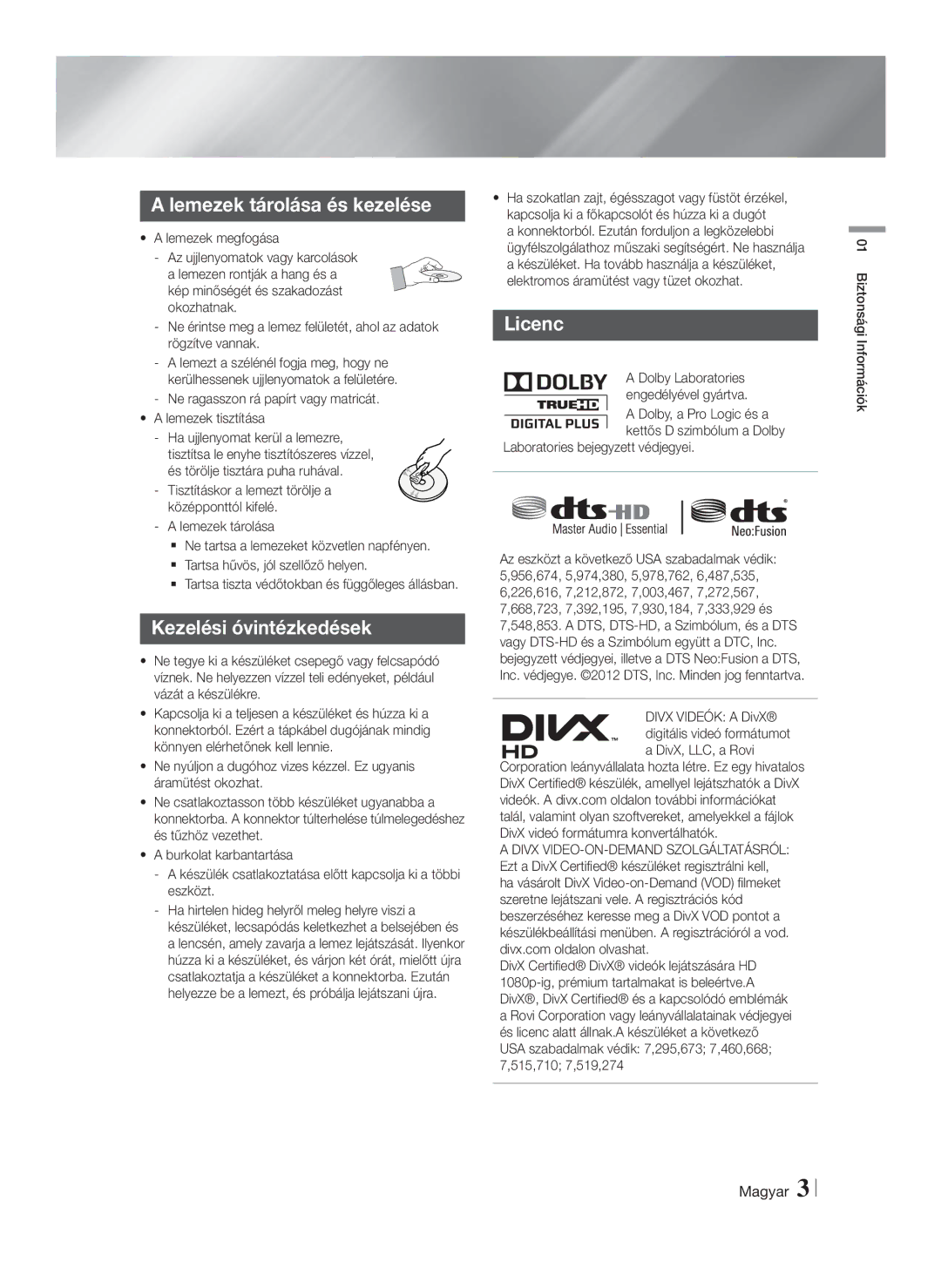 Samsung HT-F5500/EN manual Lemezek tárolása és kezelése, Kezelési óvintézkedések, Licenc, Laboratories bejegyzett védjegyei 