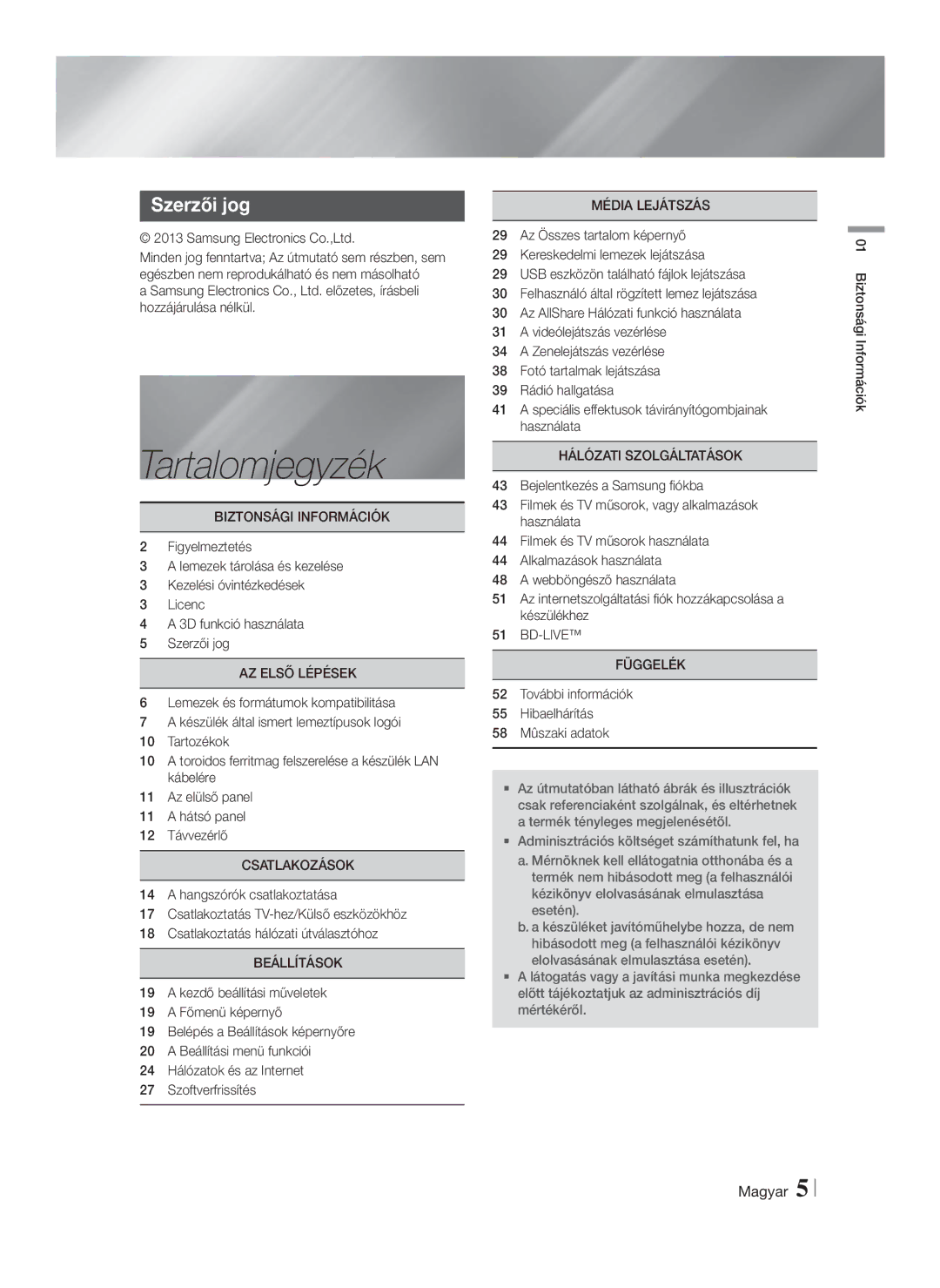 Samsung HT-F5550/EN, HT-F5500/EN, HT-F5530/EN manual Tartalomjegyzék, Szerzői jog 