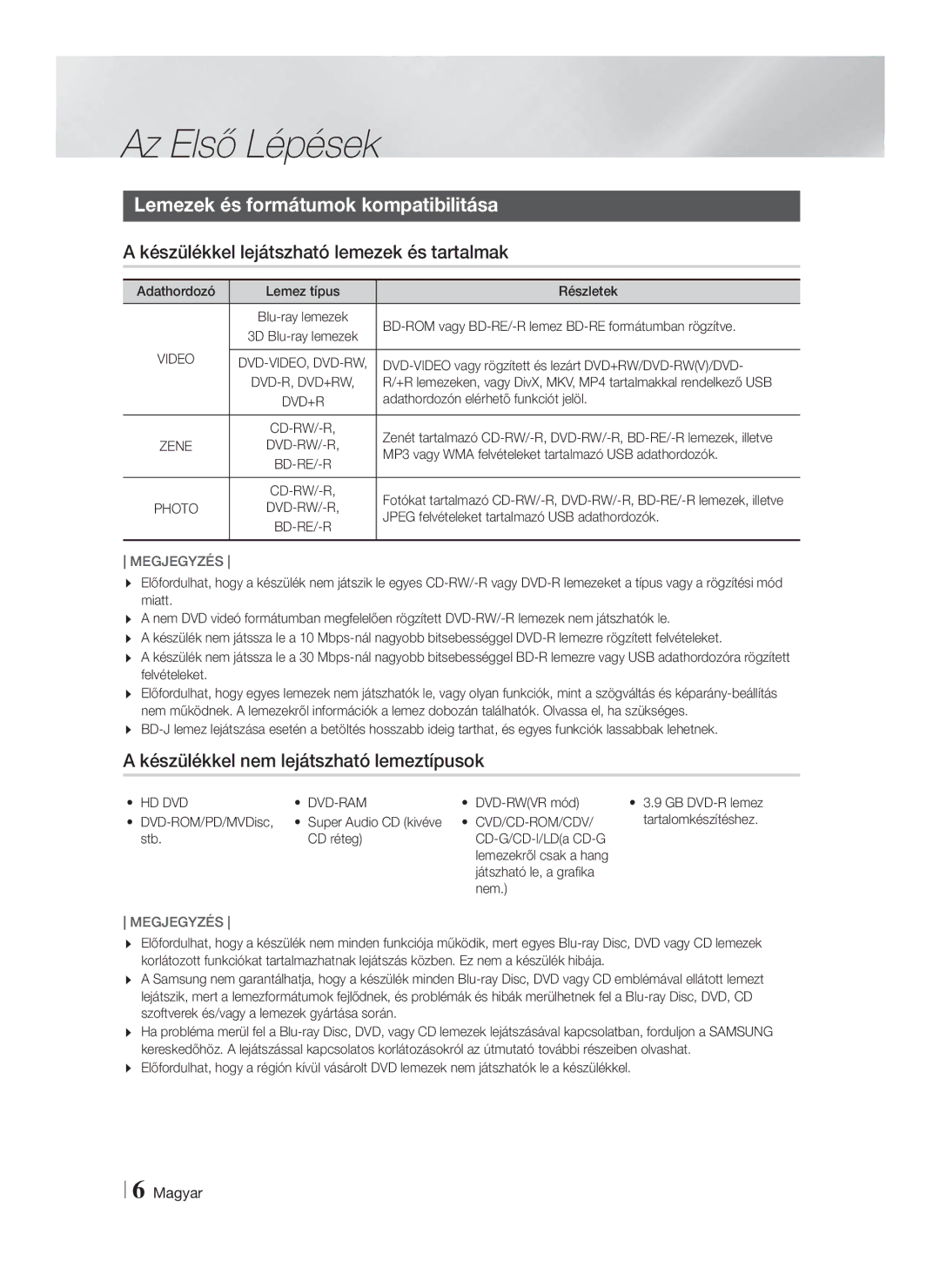 Samsung HT-F5500/EN Az Első Lépések, Lemezek és formátumok kompatibilitása, Készülékkel lejátszható lemezek és tartalmak 