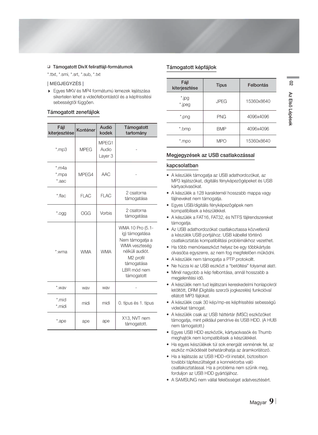 Samsung HT-F5500/EN Támogatott zenefájlok, Támogatott képfájlok, Megjegyzések az USB csatlakozással Kapcsolatban, Jpeg 