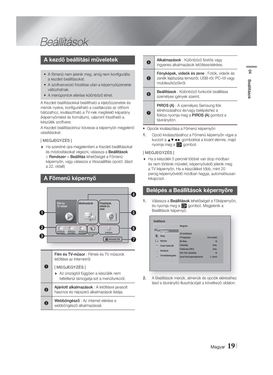 Samsung HT-F5530/EN, HT-F5500/EN manual Kezdő beállítási műveletek, Főmenü képernyő, Belépés a Beállítások képernyőre 