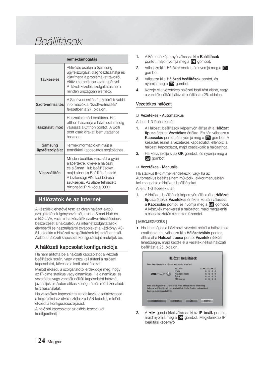 Samsung HT-F5500/EN, HT-F5530/EN manual Hálózatok és az Internet, Hálózati kapcsolat konfigurációja, Vezetékes hálózat 