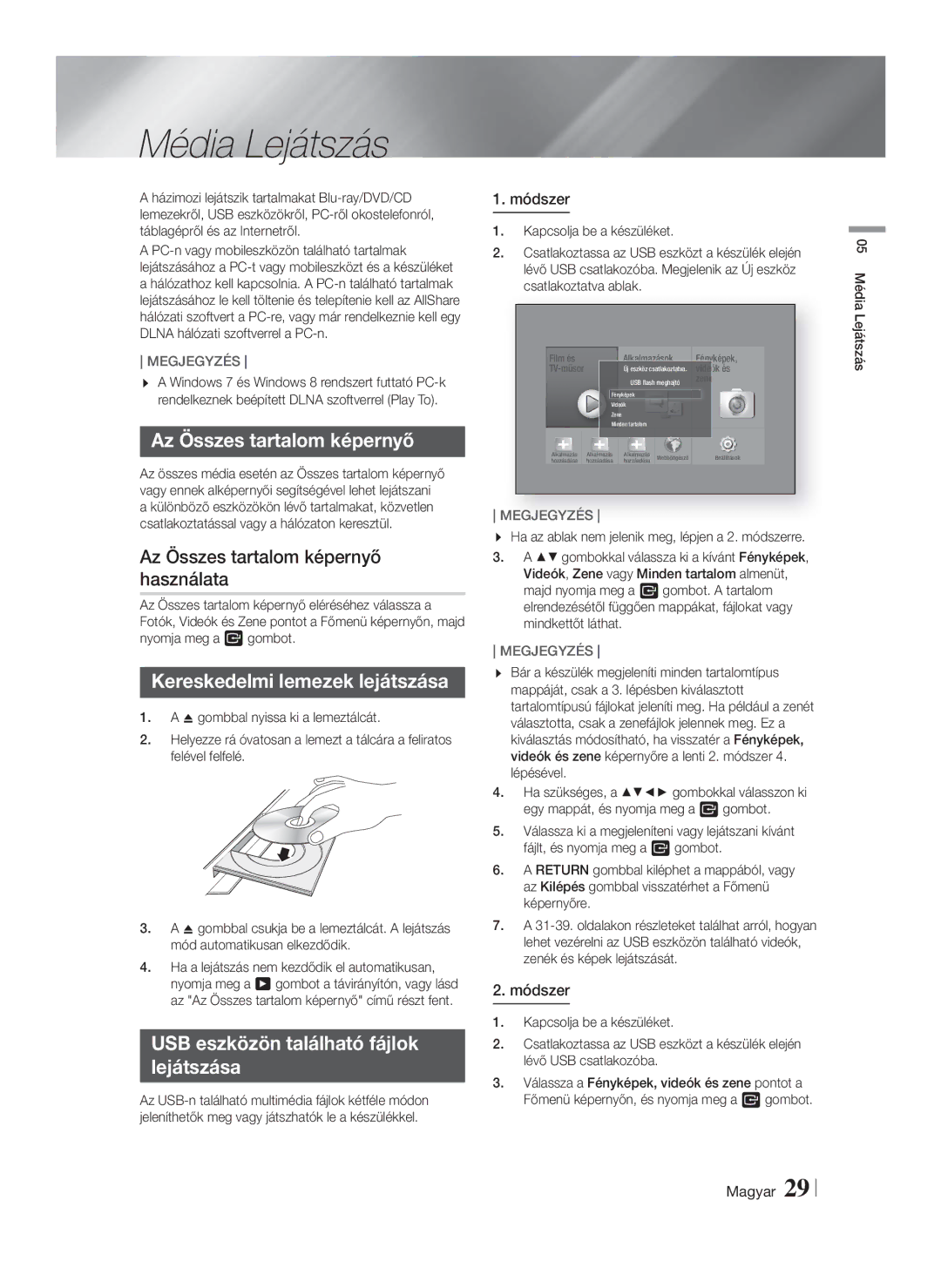 Samsung HT-F5550/EN manual Média Lejátszás, Az Összes tartalom képernyő használata, Kereskedelmi lemezek lejátszása 