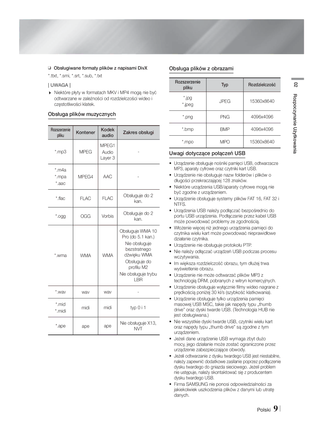 Samsung HT-F5500/EN manual Obsługa plików muzycznych, Obsługa plików z obrazami, Uwagi dotyczące połączeń USB, Bmp, Mpo 