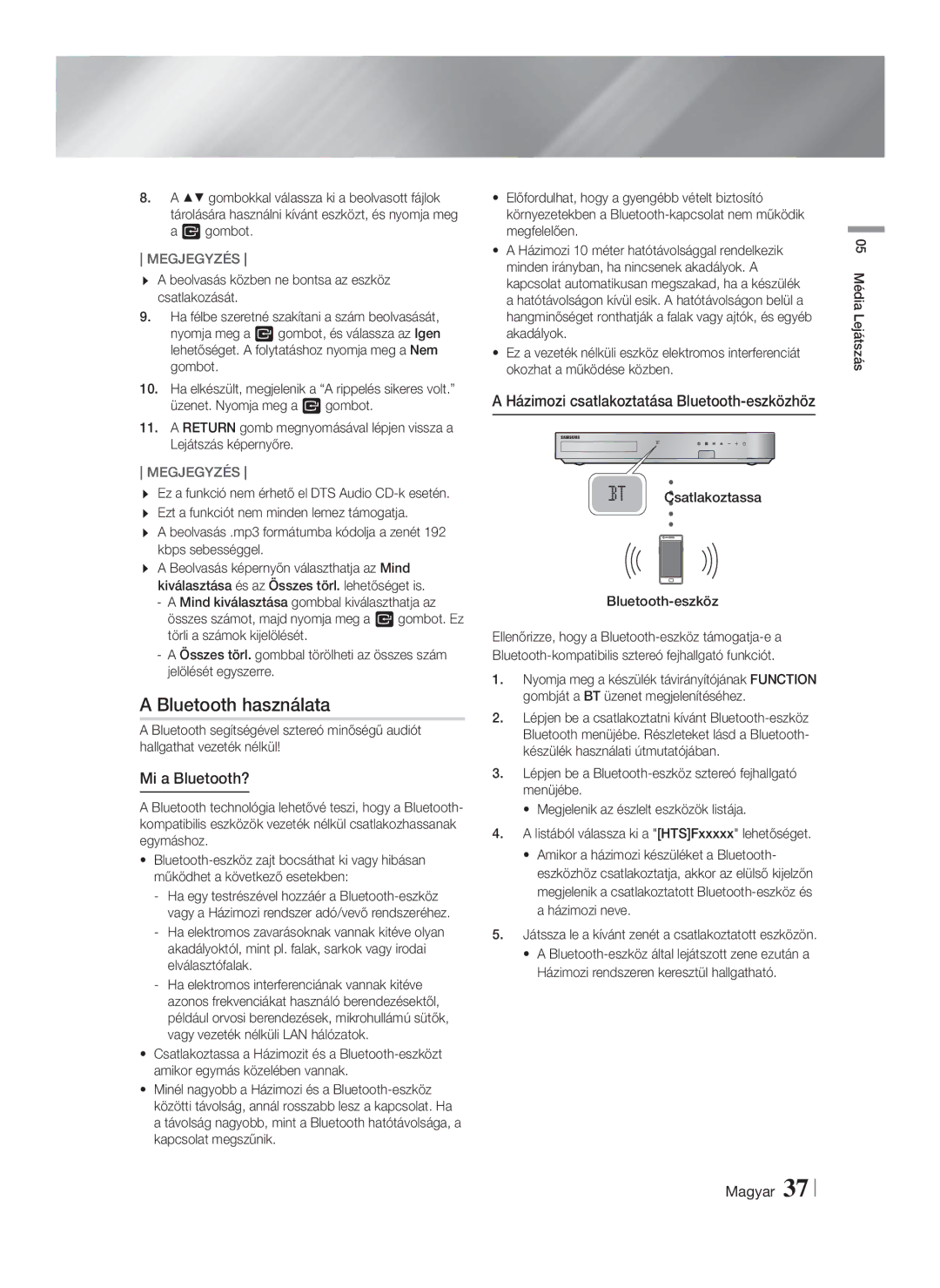 Samsung HT-F5530/EN, HT-F5500/EN manual Bluetooth használata, Mi a Bluetooth?, Házimozi csatlakoztatása Bluetooth-eszközhöz 