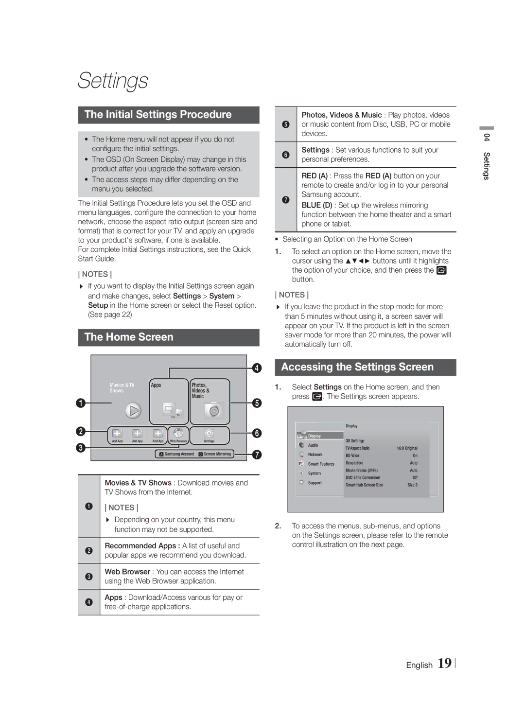 Samsung HTF5500WZA, HT-F5500W user manual Initial Settings Procedure, Home Screen, Accessing the Settings Screen 