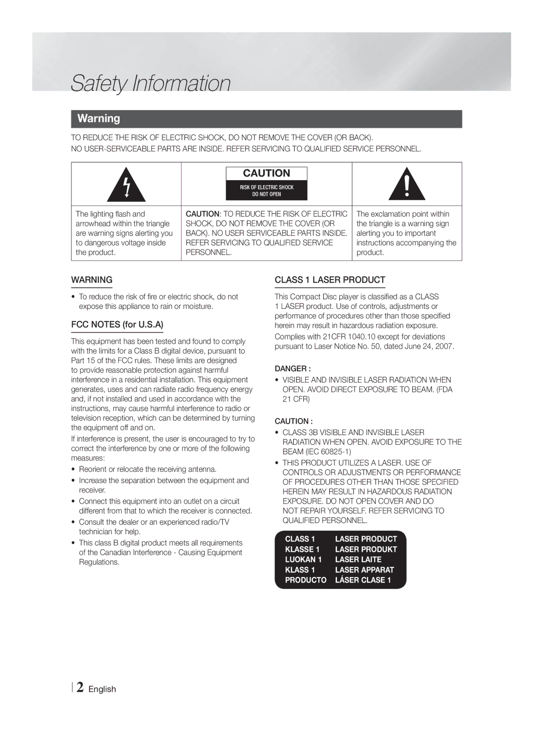 Samsung HT-F5500W, HTF5500WZA Safety Information, FCC Notes for U.S.A, SHOCK, do not Remove the Cover or, Personnel 