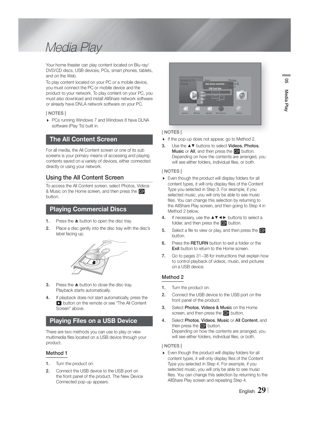 Samsung HTF5500WZA Media Play, Using the All Content Screen, Playing Commercial Discs, Playing Files on a USB Device 