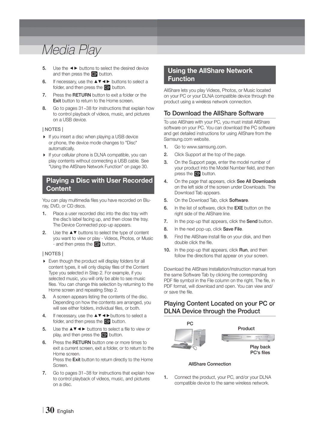 Samsung HT-F5500W, HTF5500WZA user manual Playing a Disc with User Recorded Content, Using the AllShare Network Function 