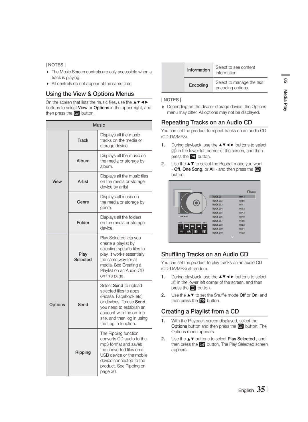 Samsung HTF5500WZA Repeating Tracks on an Audio CD, Shuffling Tracks on an Audio CD, Creating a Playlist from a CD 