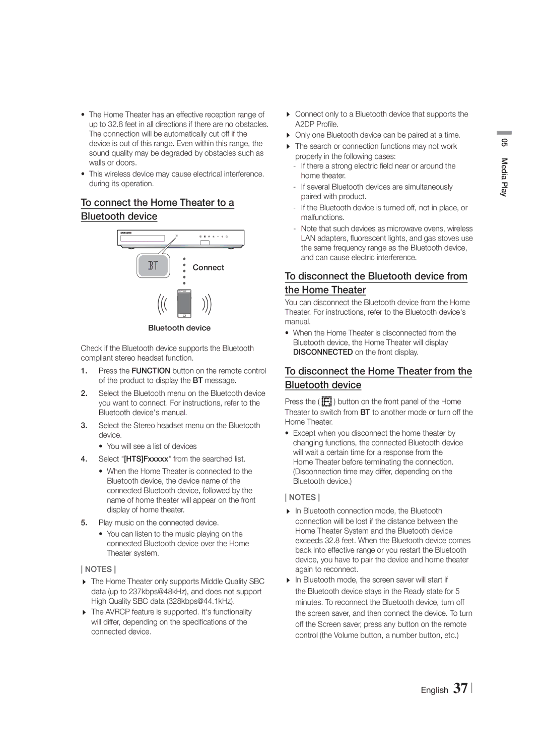 Samsung HTF5500WZA, HT-F5500W user manual To connect the Home Theater to a Bluetooth device 