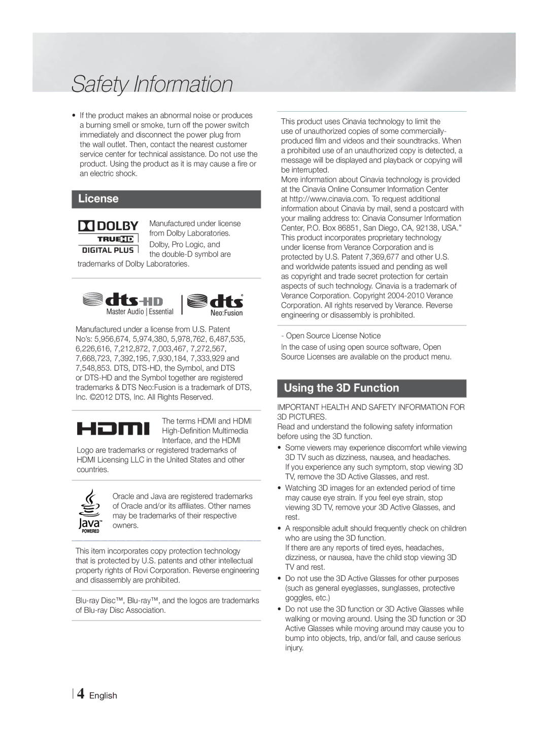 Samsung HT-F5500W, HTF5500WZA License, Using the 3D Function, Double-D symbol are Trademarks of Dolby Laboratories 